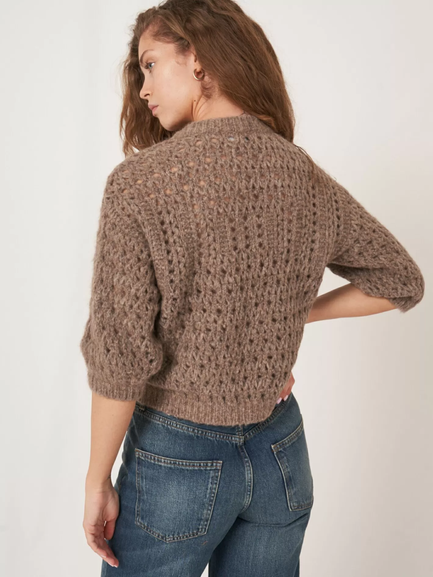 Sweaters<REPEAT cashmere Ajour Open Knit Sweater Taupe