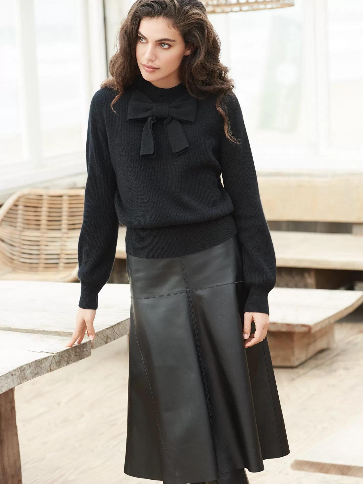 Leather<REPEAT cashmere A-Line Leather Skirt Black