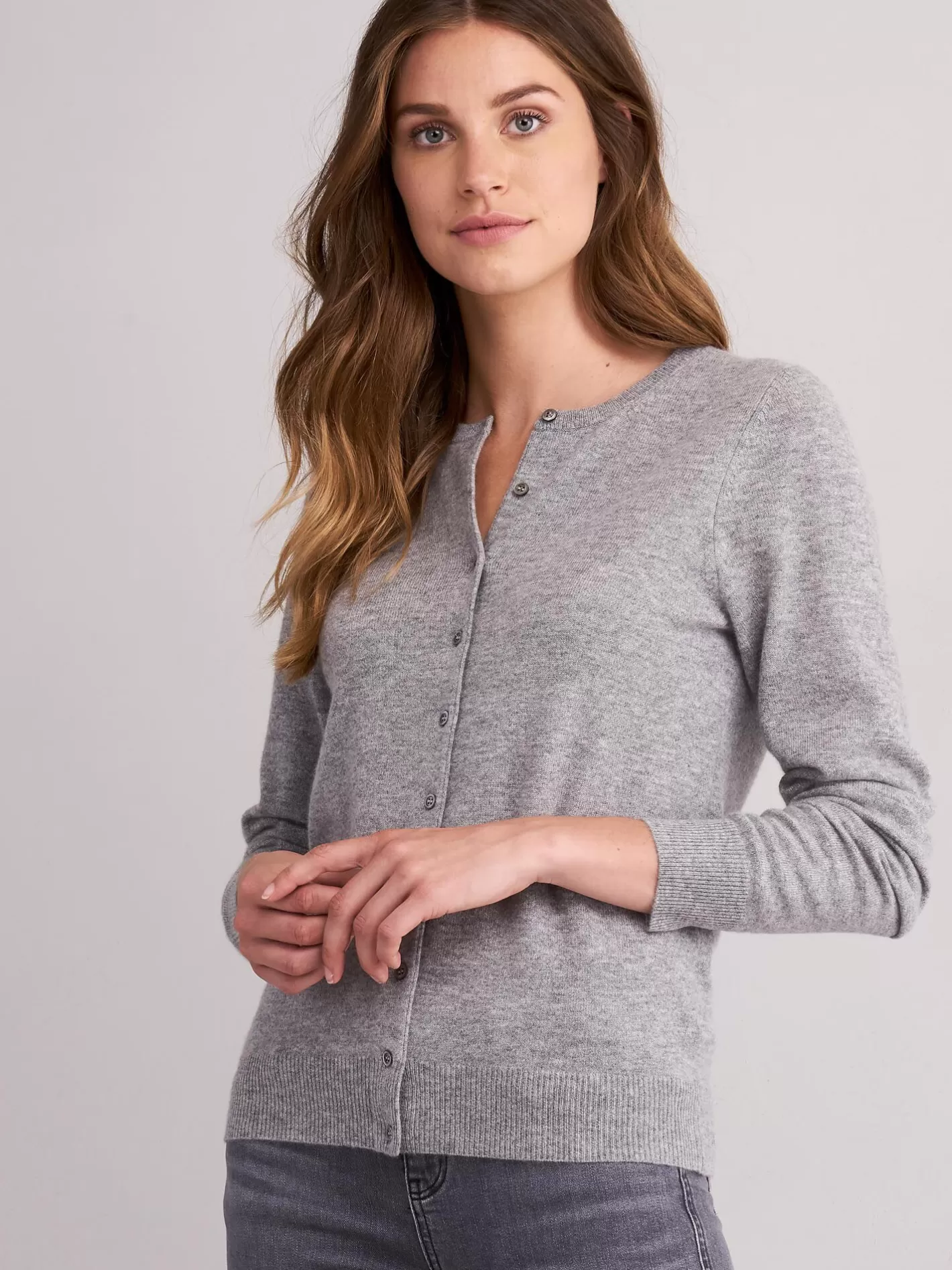 Cardigans<REPEAT cashmere Basic Cashmere Cardigan With Round Neck Light Grey