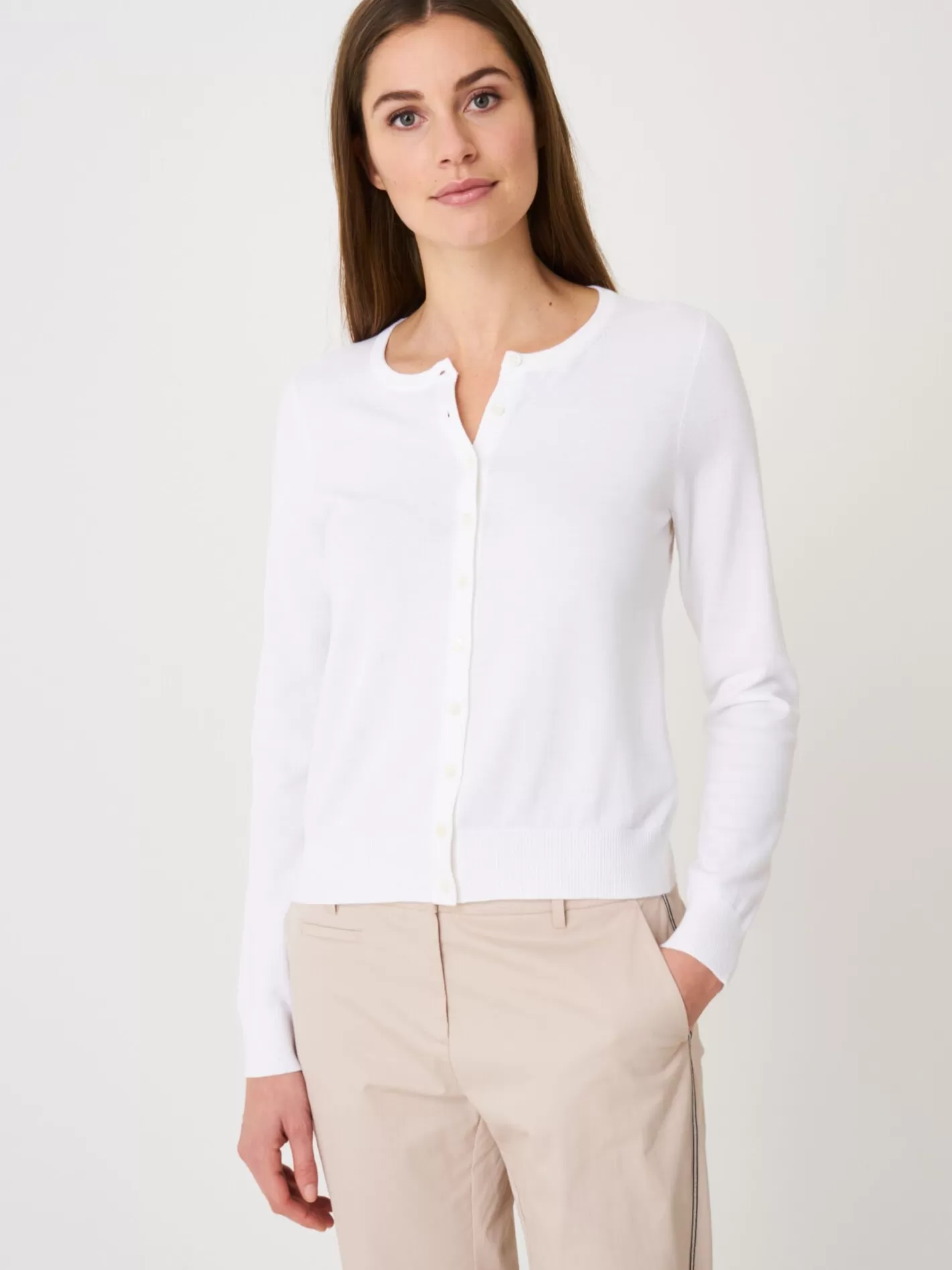 Cardigans<REPEAT cashmere Basic Fine Knit Cardigan In Cotton Blend White