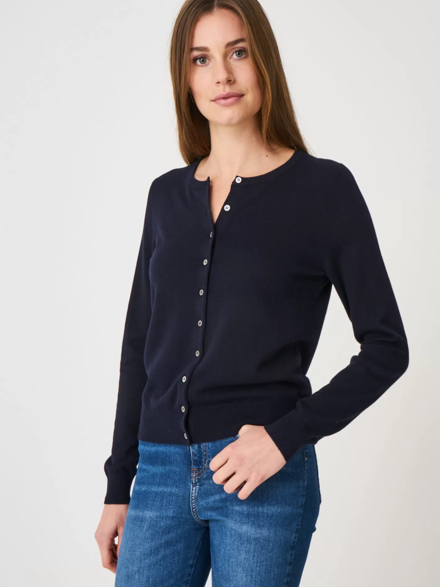 Cardigans<REPEAT cashmere Basic Fine Knit Cardigan In Cotton Blend Navy