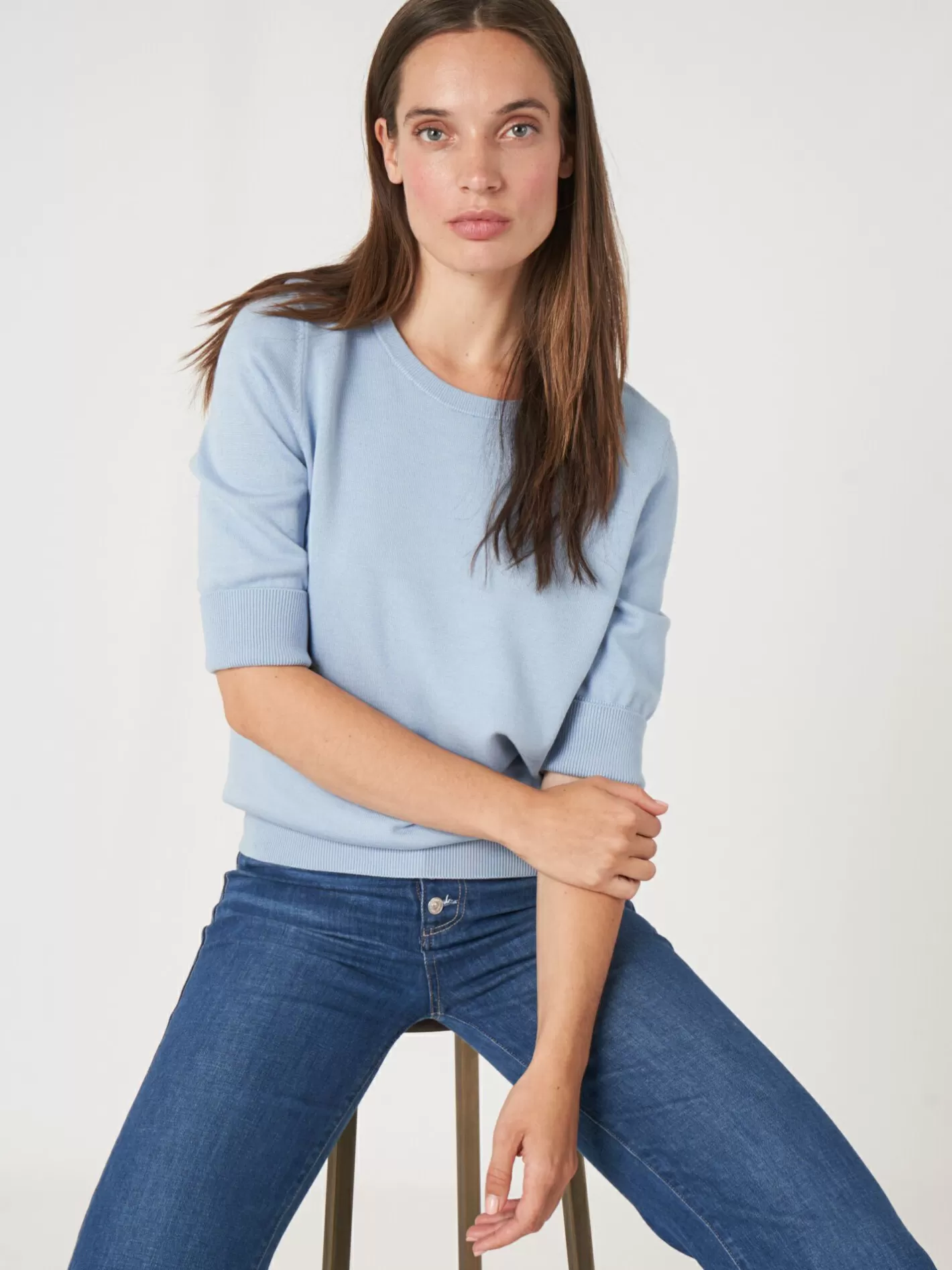 Sweaters<REPEAT cashmere Basic Fine Knit Short Sleeve Pullover In Organic Cotton Blend Lt Blue