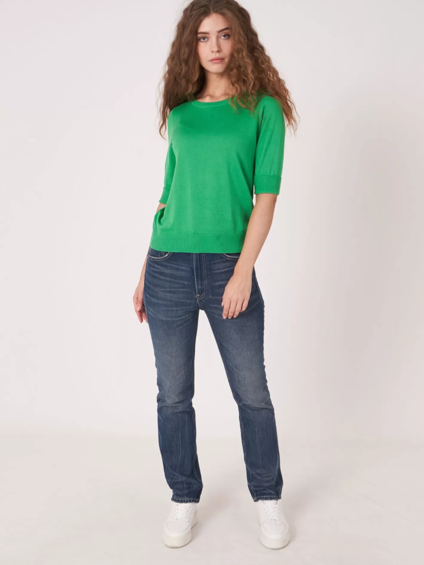 Sweaters<REPEAT cashmere Basic Fine Knit Short Sleeve Pullover In Organic Cotton Blend Green
