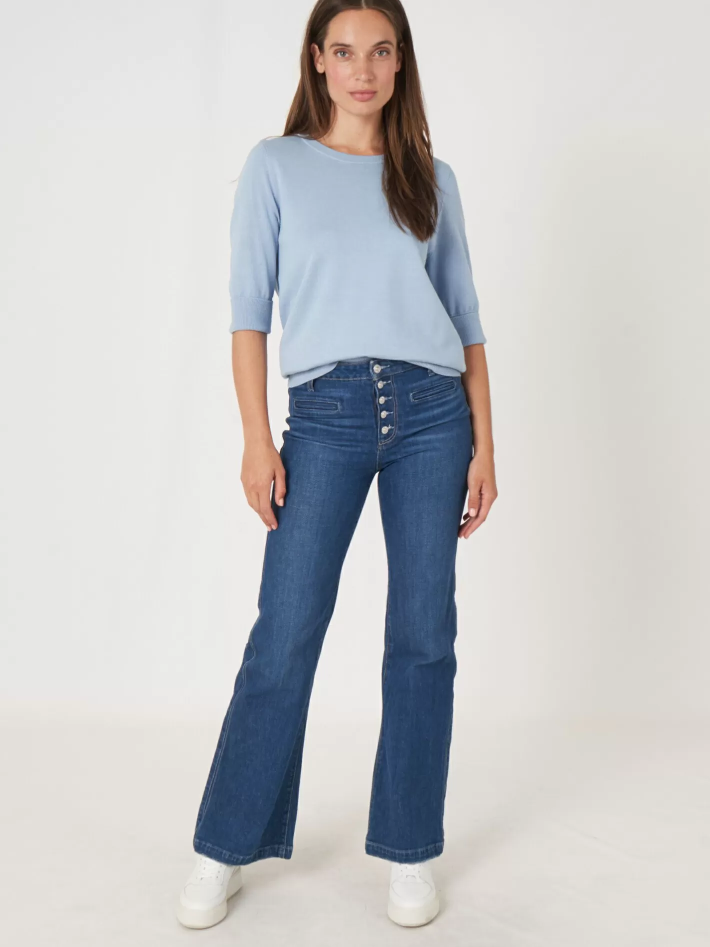 Sweaters<REPEAT cashmere Basic Fine Knit Short Sleeve Pullover In Organic Cotton Blend Lt Blue