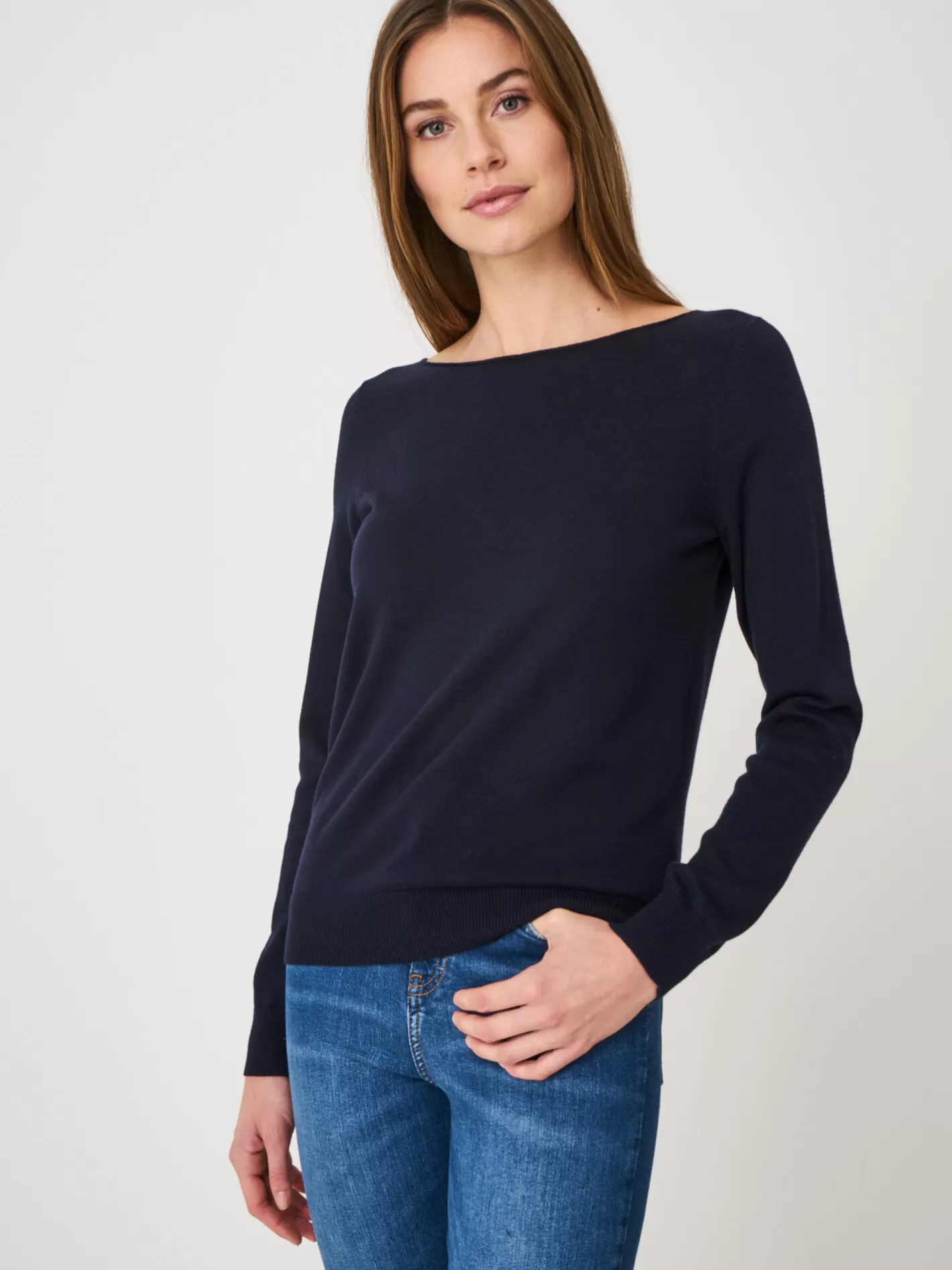 Sweaters<REPEAT cashmere Basic Long Sleeve Pullover In Cotton Blend Navy