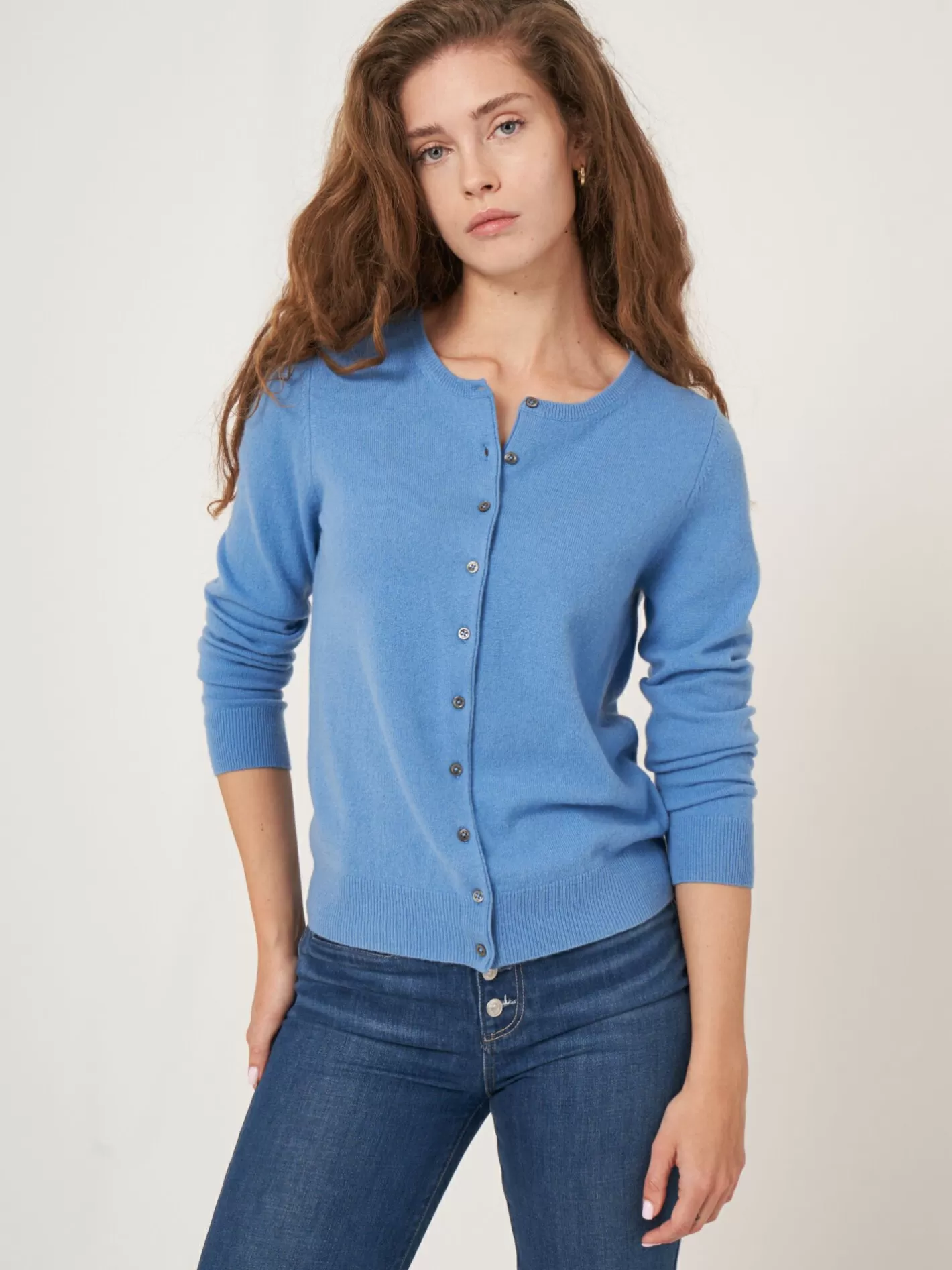 Cardigans<REPEAT cashmere Basic Organic Cashmere Cardigan With Round Neck Sky