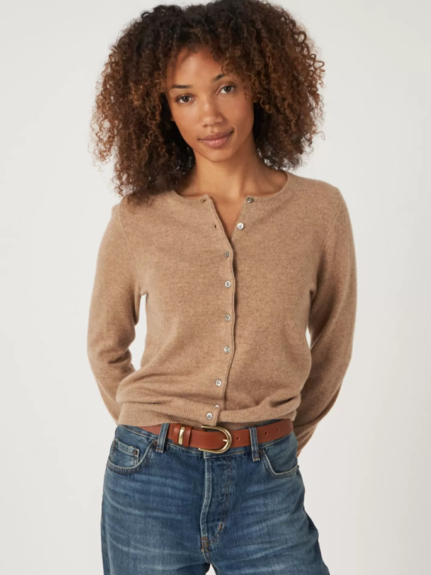 Cardigans<REPEAT cashmere Basic Organic Cashmere Cardigan With Round Neck Camel