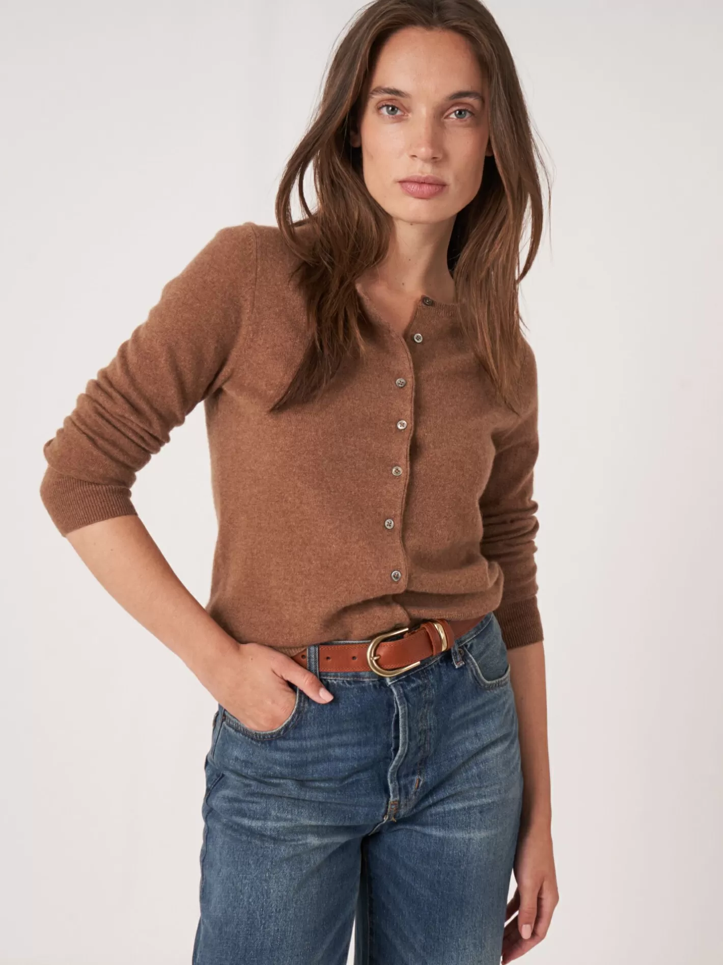 Cardigans<REPEAT cashmere Basic Organic Cashmere Cardigan With Round Neck Hazel