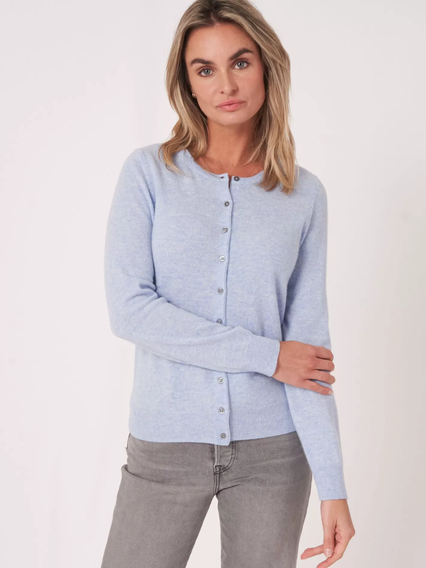 Organic Cashmere<REPEAT cashmere Basic Organic Cashmere Cardigan With Round Neck Sky