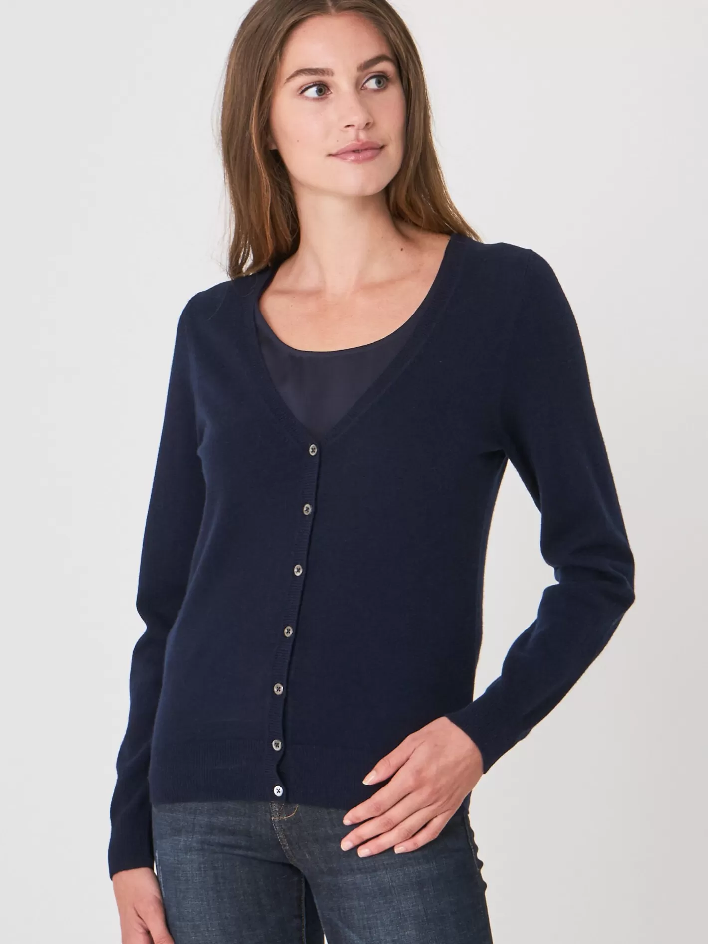 Organic Cashmere<REPEAT cashmere Basic Organic Cashmere Cardigan With V-Neck Navy