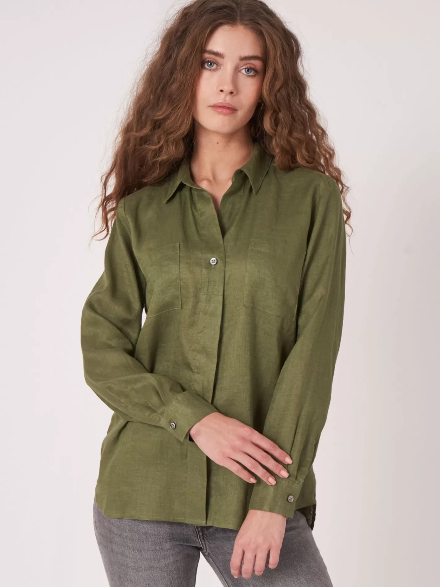 Blouses<REPEAT cashmere Basic Pure Linen Blouse With Breast Pockets Matcha