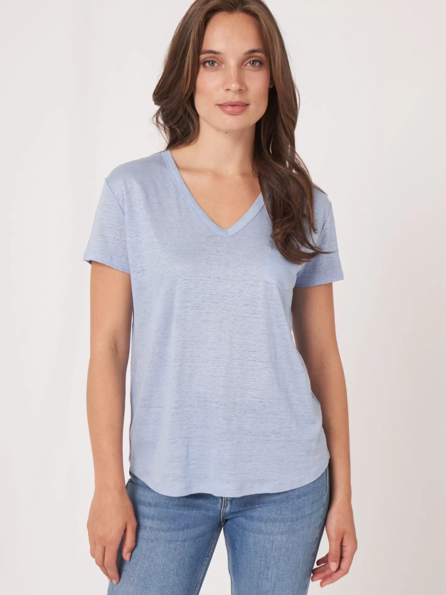 Tops<REPEAT cashmere Basic Pure Linen V-Neck T-Shirt With Chest Pocket Lt Blue