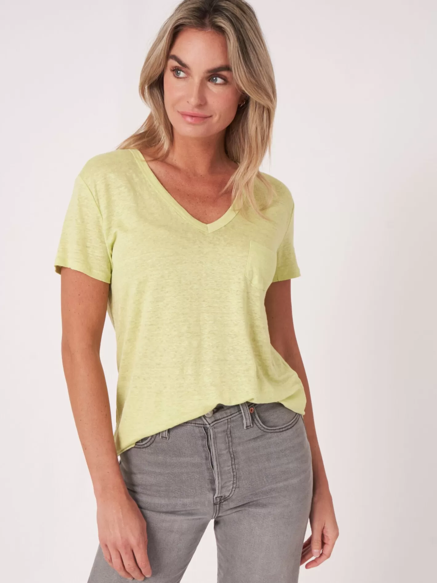 Tops<REPEAT cashmere Basic Pure Linen V-Neck T-Shirt With Chest Pocket Soda