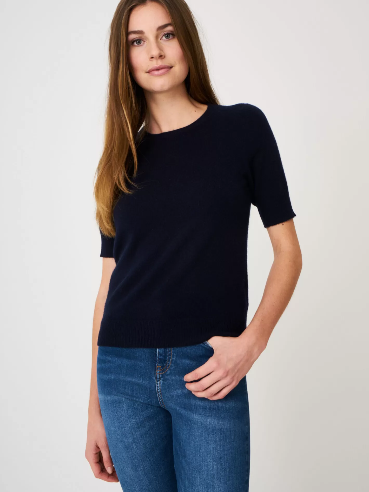 Organic Cashmere<REPEAT cashmere Basic Short Sleeve Organic Cashmere Sweater Navy