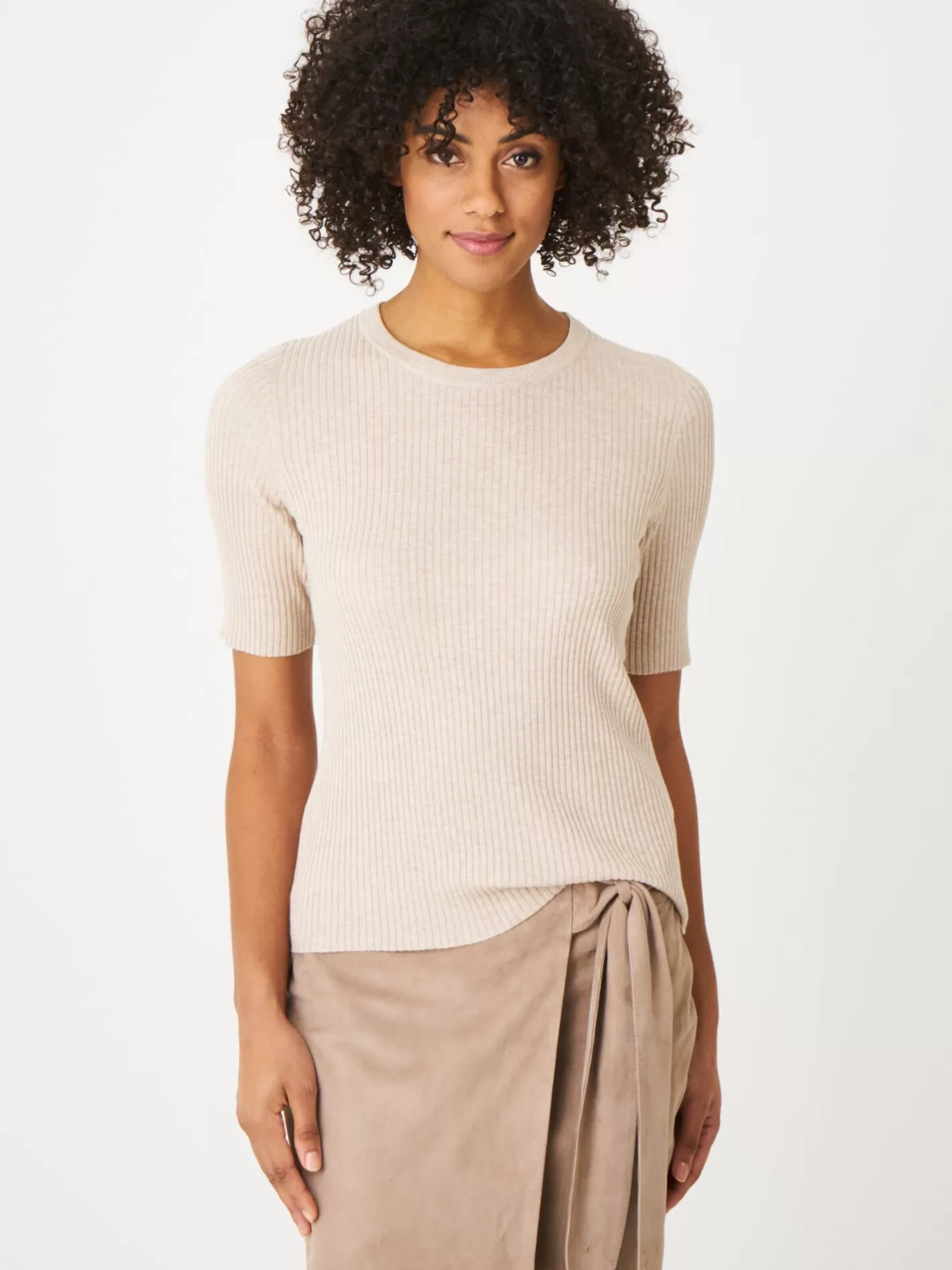 Sweaters<REPEAT cashmere Basic Short Sleeve Slim Fit Rib Knit Sweater Beige