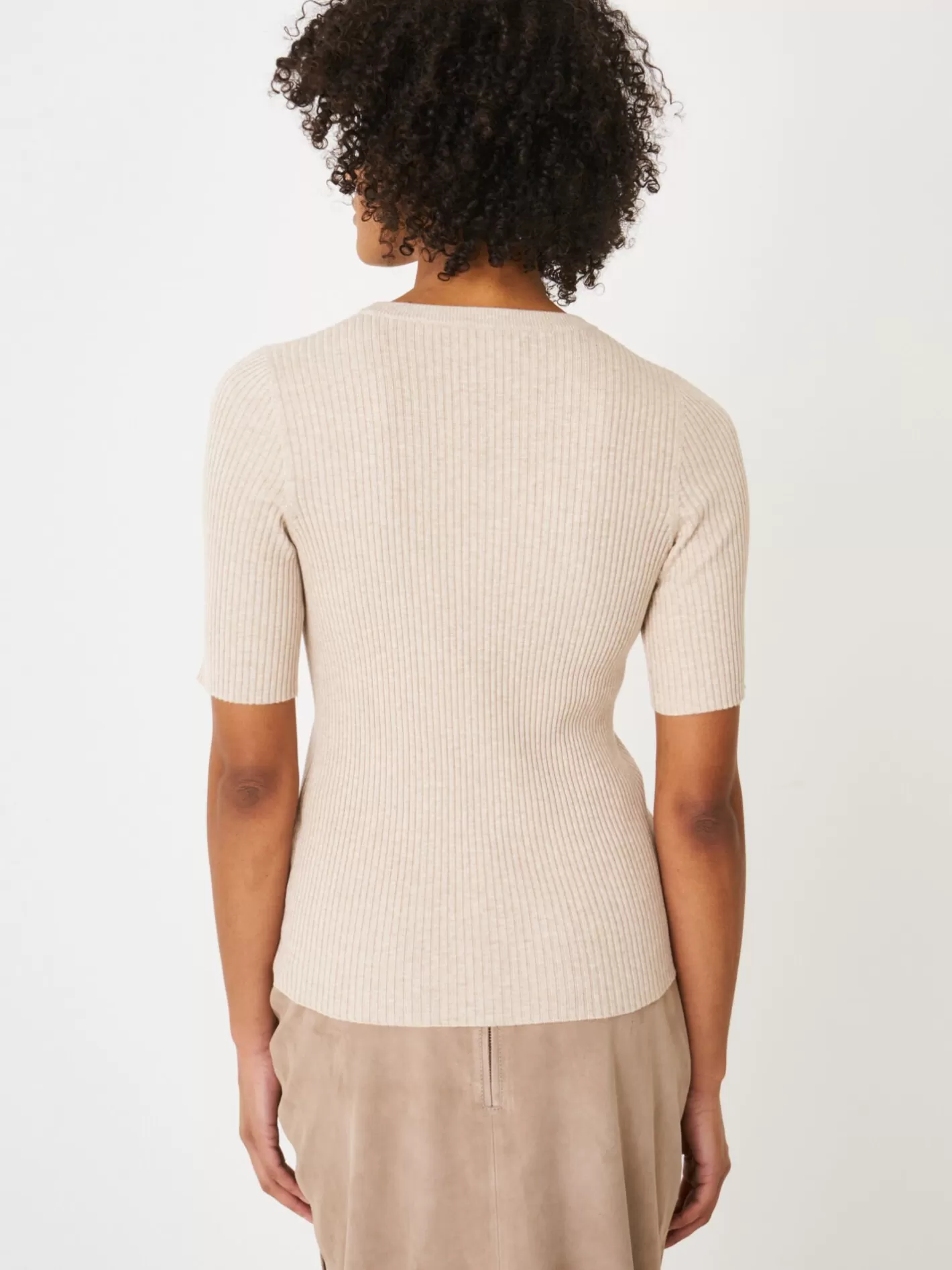 Sweaters<REPEAT cashmere Basic Short Sleeve Slim Fit Rib Knit Sweater Beige