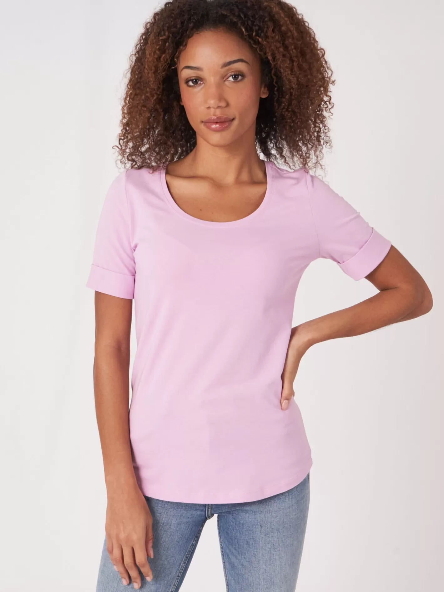 Tops<REPEAT cashmere Basic T-Shirt With Rolled Up Sleeves Orchid