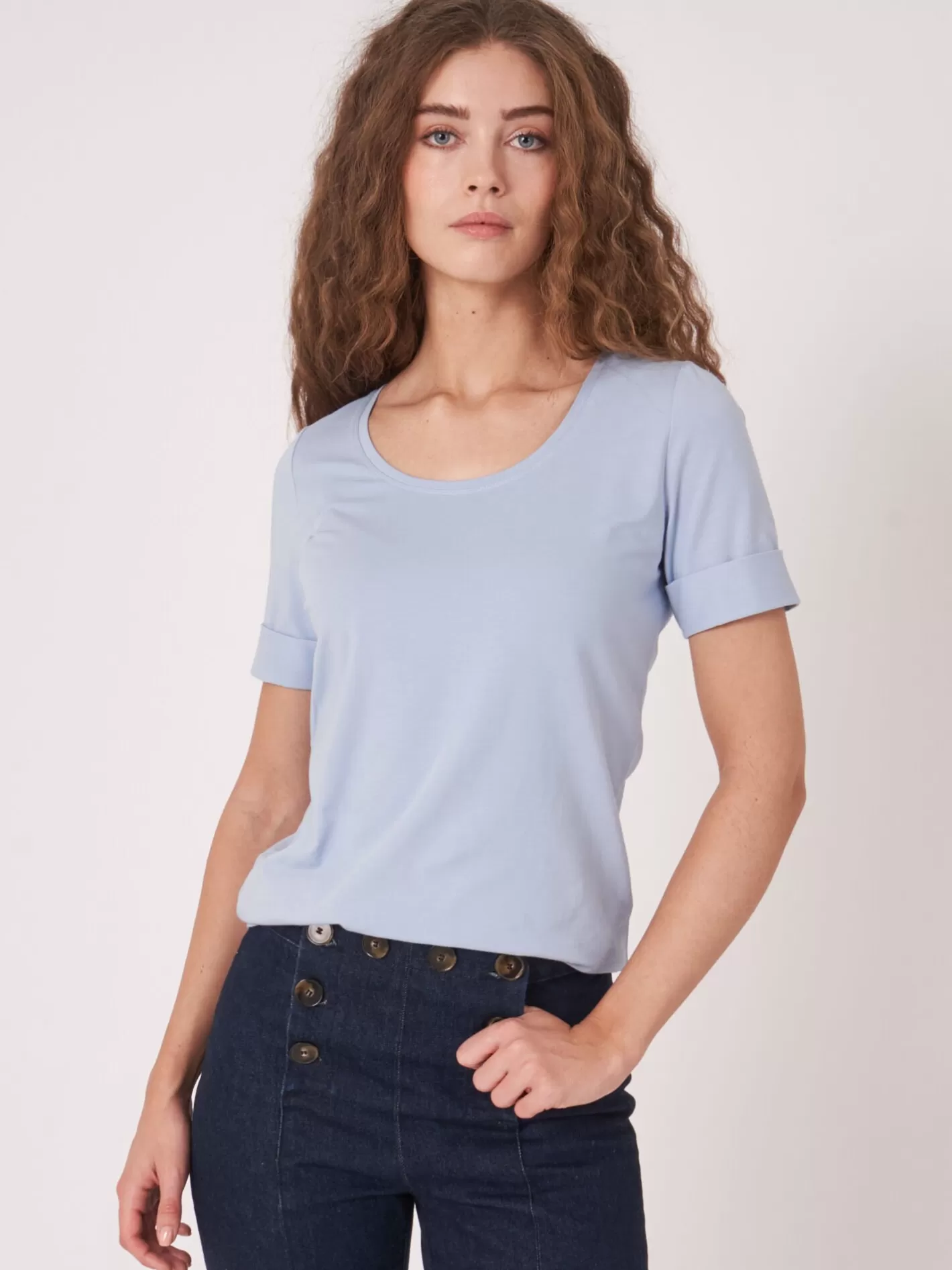 Tops<REPEAT cashmere Basic T-Shirt With Rolled Up Sleeves Lt Blue