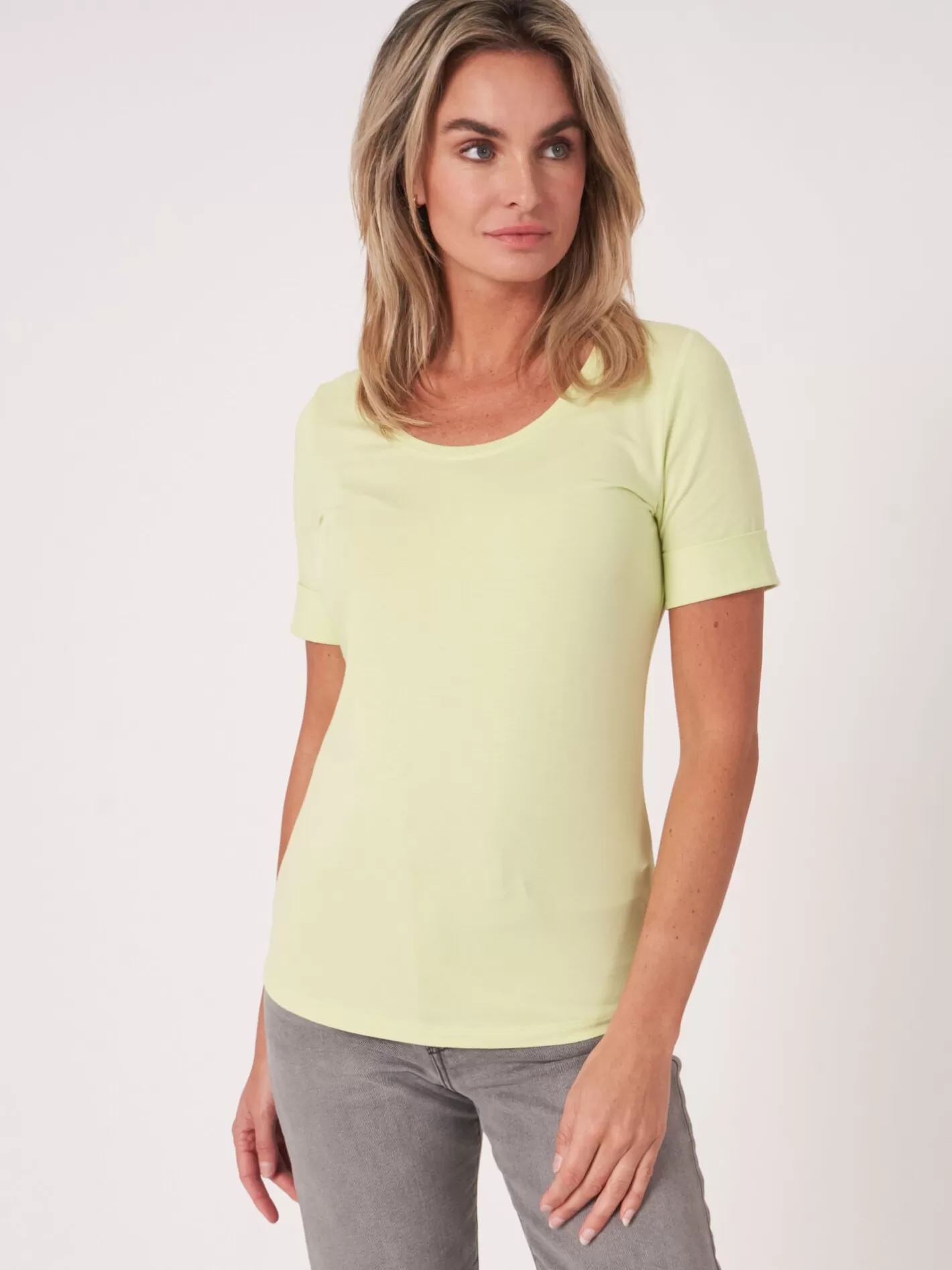 Tops<REPEAT cashmere Basic T-Shirt With Rolled Up Sleeves Soda