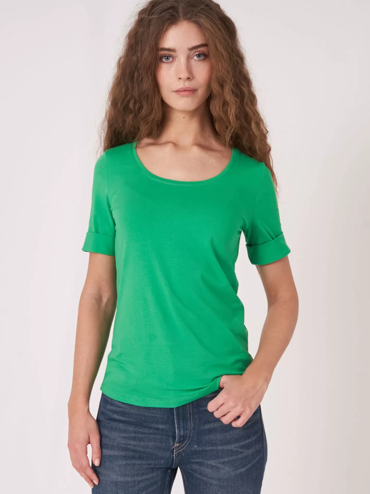 Tops<REPEAT cashmere Basic T-Shirt With Rolled Up Sleeves Green