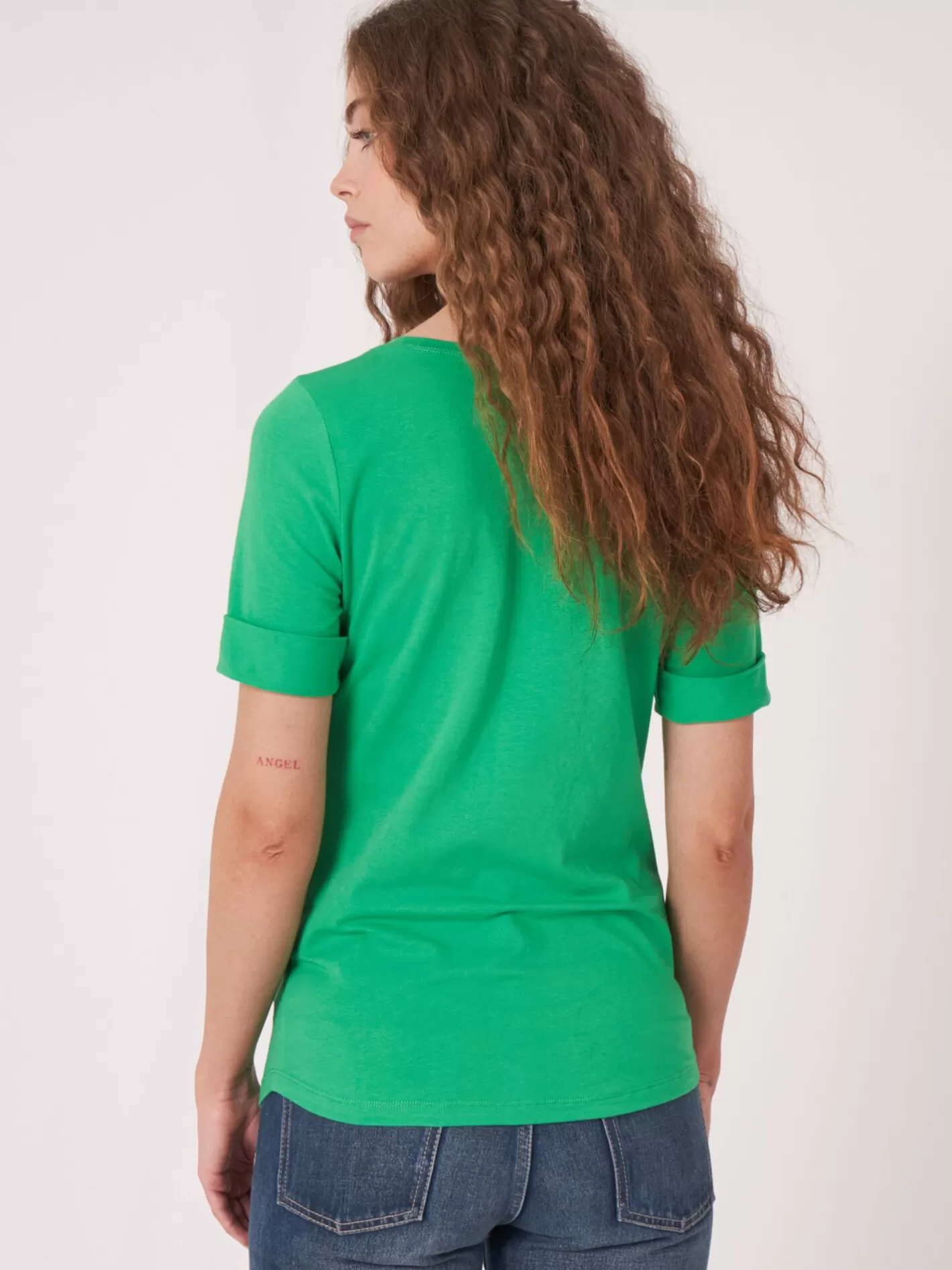 Tops<REPEAT cashmere Basic T-Shirt With Rolled Up Sleeves Green