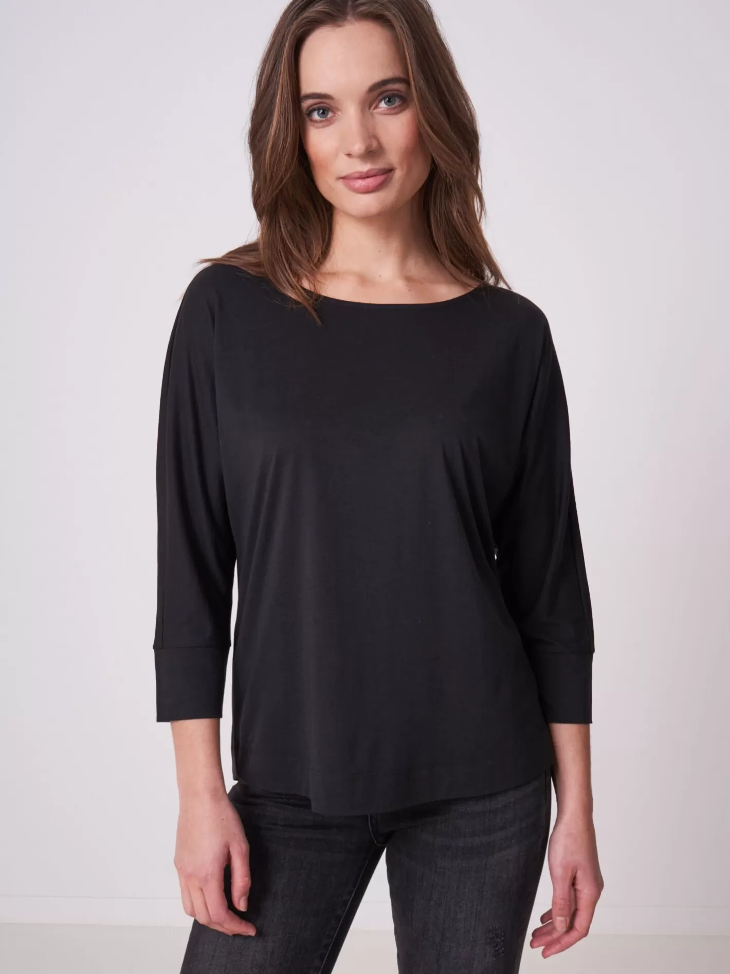 Tops<REPEAT cashmere Batwing Top With 3/4 Sleeve Black