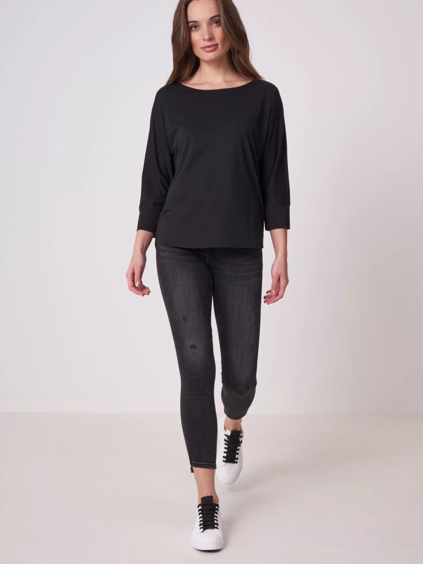 Tops<REPEAT cashmere Batwing Top With 3/4 Sleeve Black