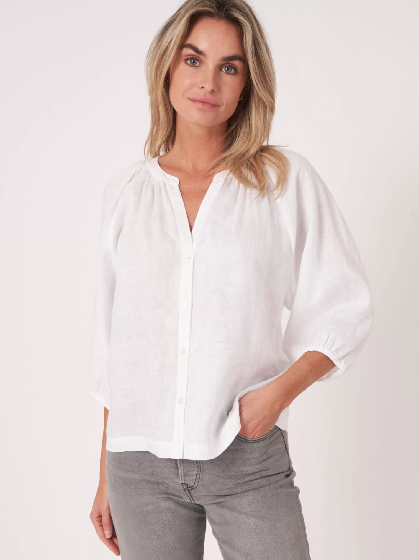 Blouses<REPEAT cashmere Buttoned Linen Puff Sleeve Blouse White