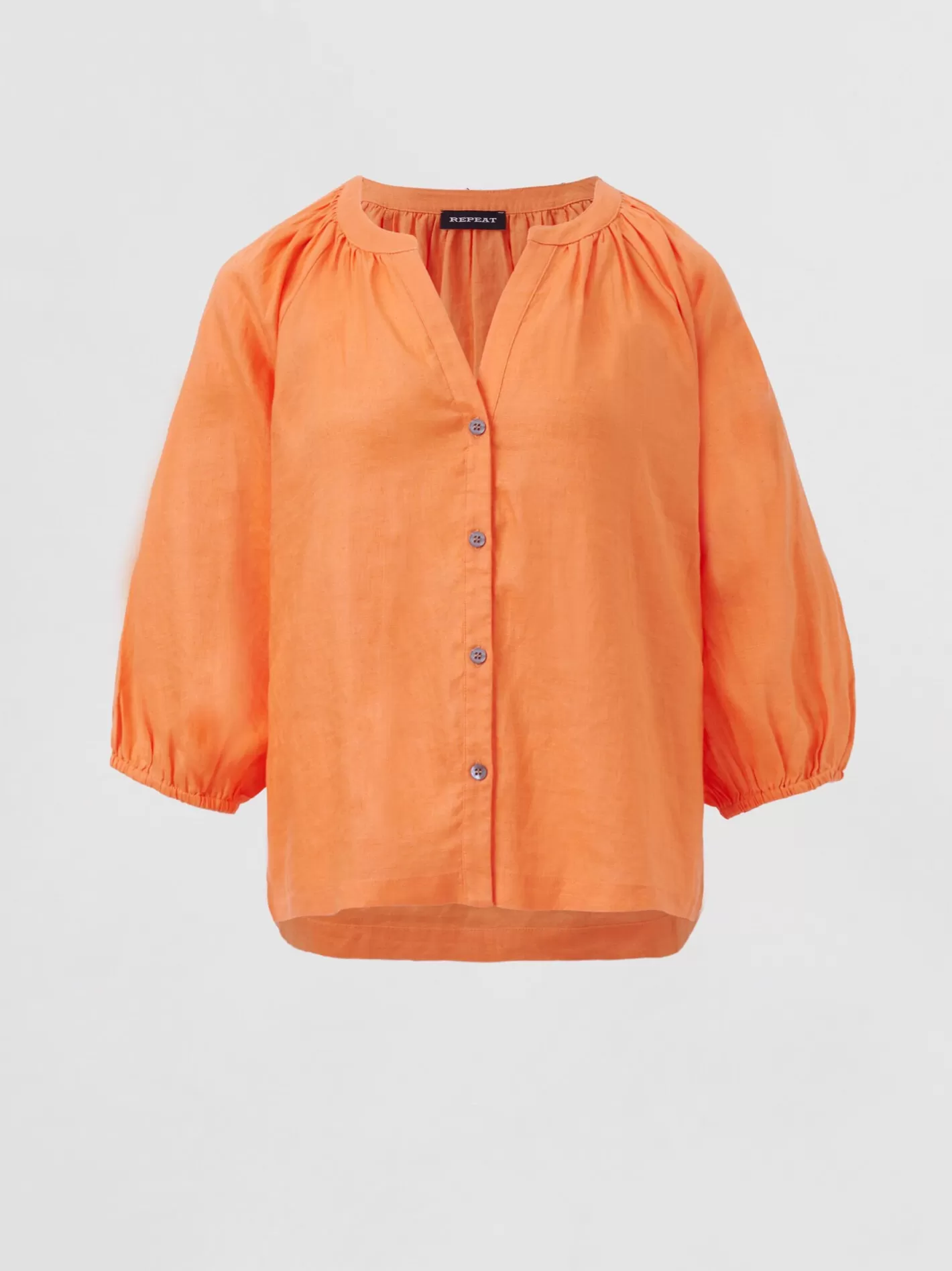 Repeats Favorites<REPEAT cashmere Buttoned Linen Puff Sleeve Blouse Papaya