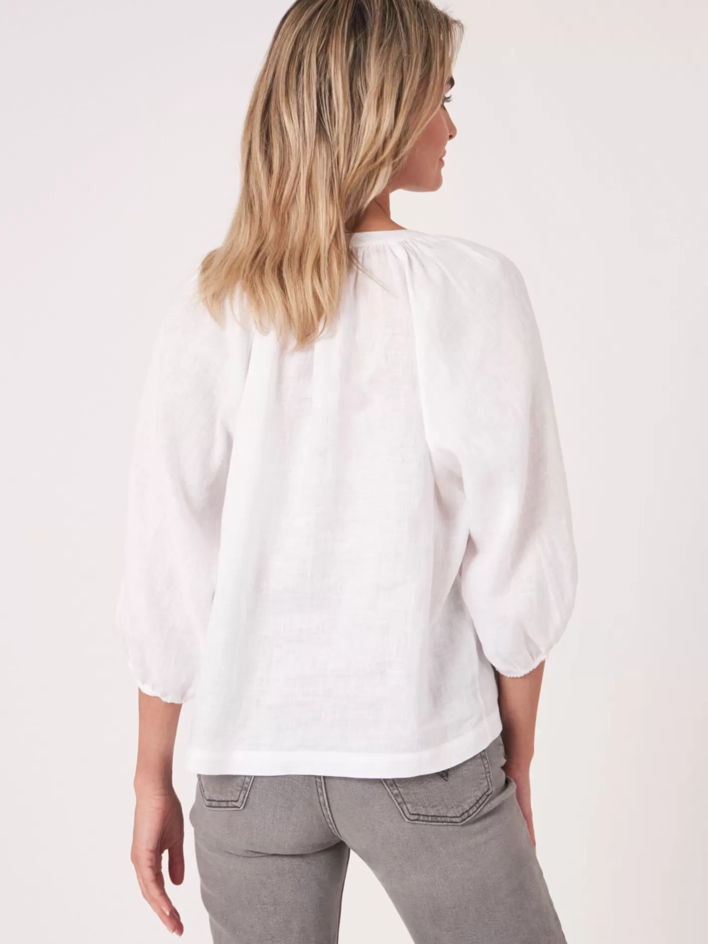 Blouses<REPEAT cashmere Buttoned Linen Puff Sleeve Blouse White