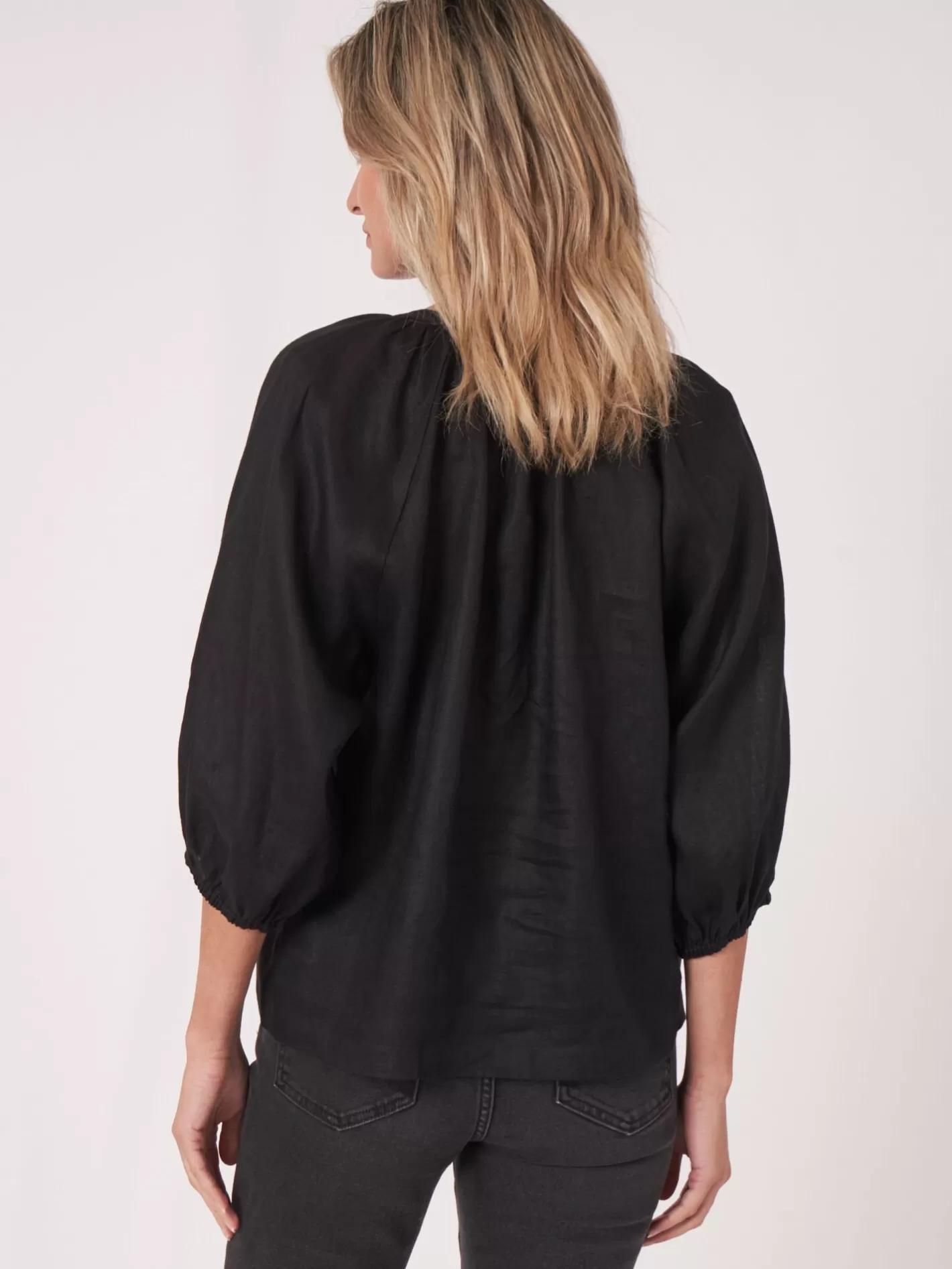 Blouses<REPEAT cashmere Buttoned Linen Puff Sleeve Blouse Black