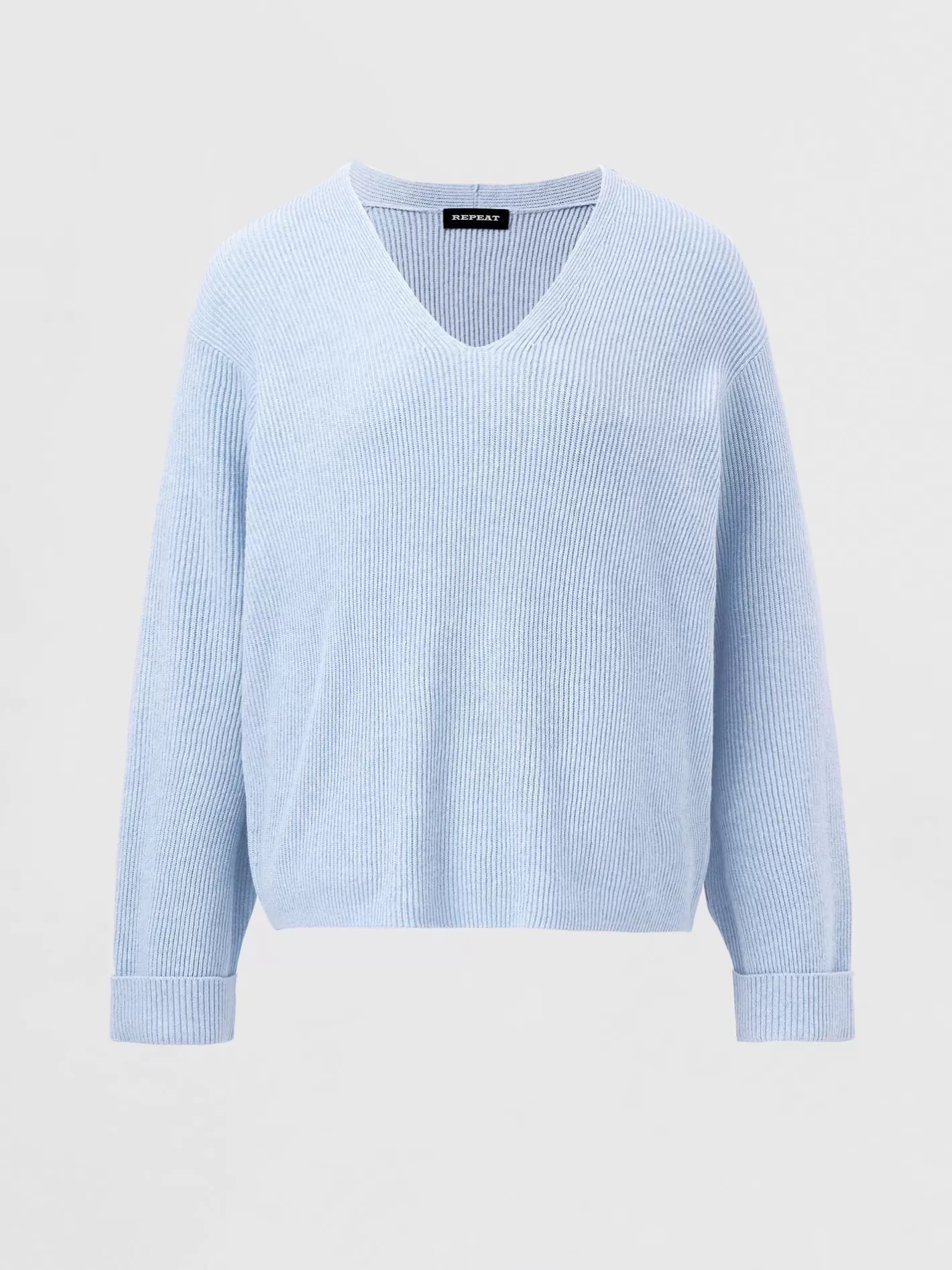 Sweaters<REPEAT cashmere Cashmere Cotton Blend Sweater With Fine Rib Texture Sky