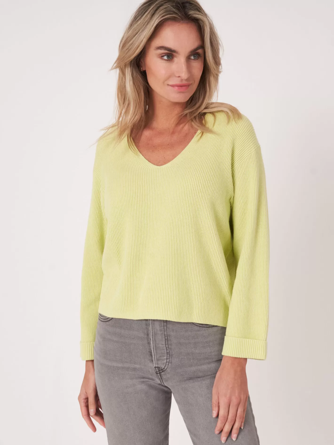 Sweaters<REPEAT cashmere Cashmere Cotton Blend Sweater With Fine Rib Texture Soda