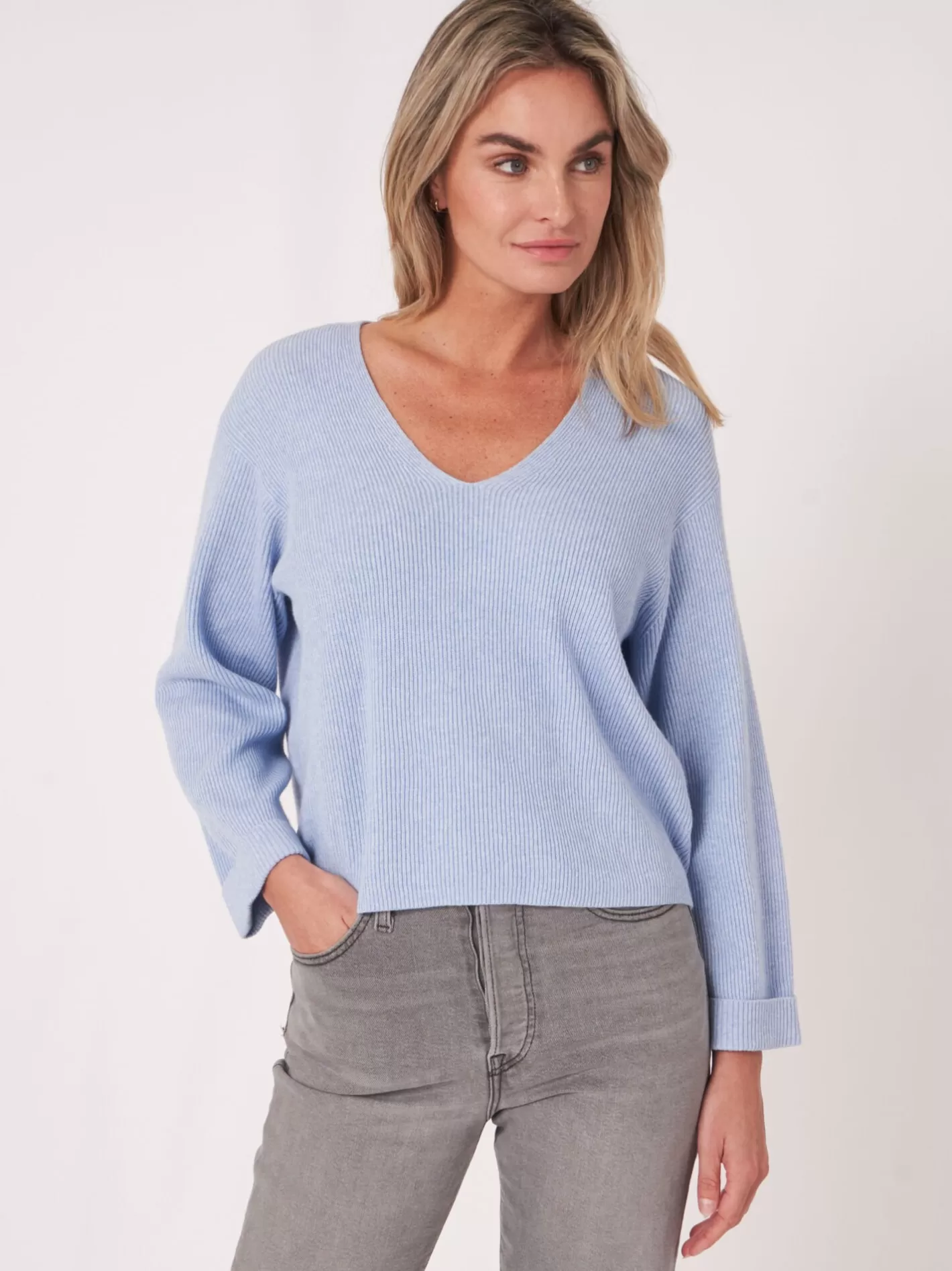 Sweaters<REPEAT cashmere Cashmere Cotton Blend Sweater With Fine Rib Texture Sky