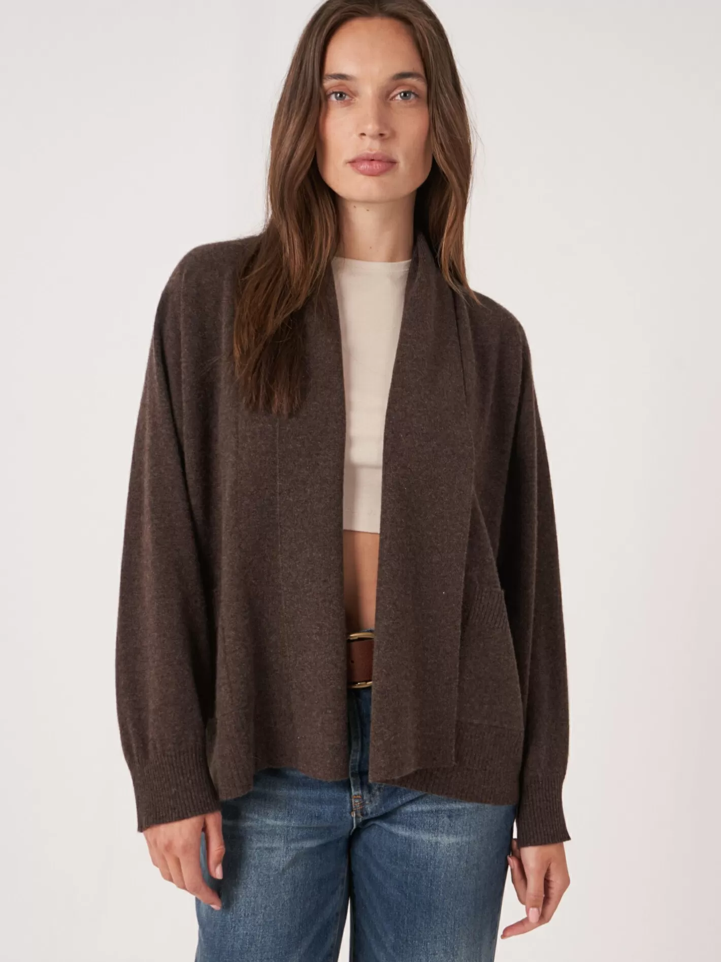 Cardigans<REPEAT cashmere Cashmere Open Shawl Collar Cardigan With Pockets Chocolate