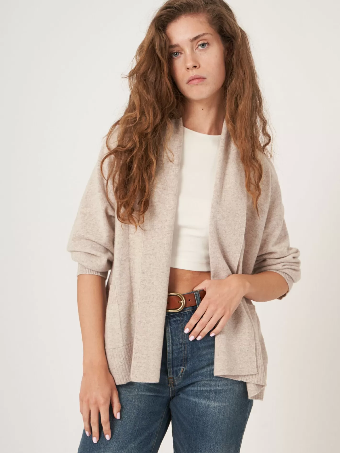 Cardigans<REPEAT cashmere Cashmere Open Shawl Collar Cardigan With Pockets Beige