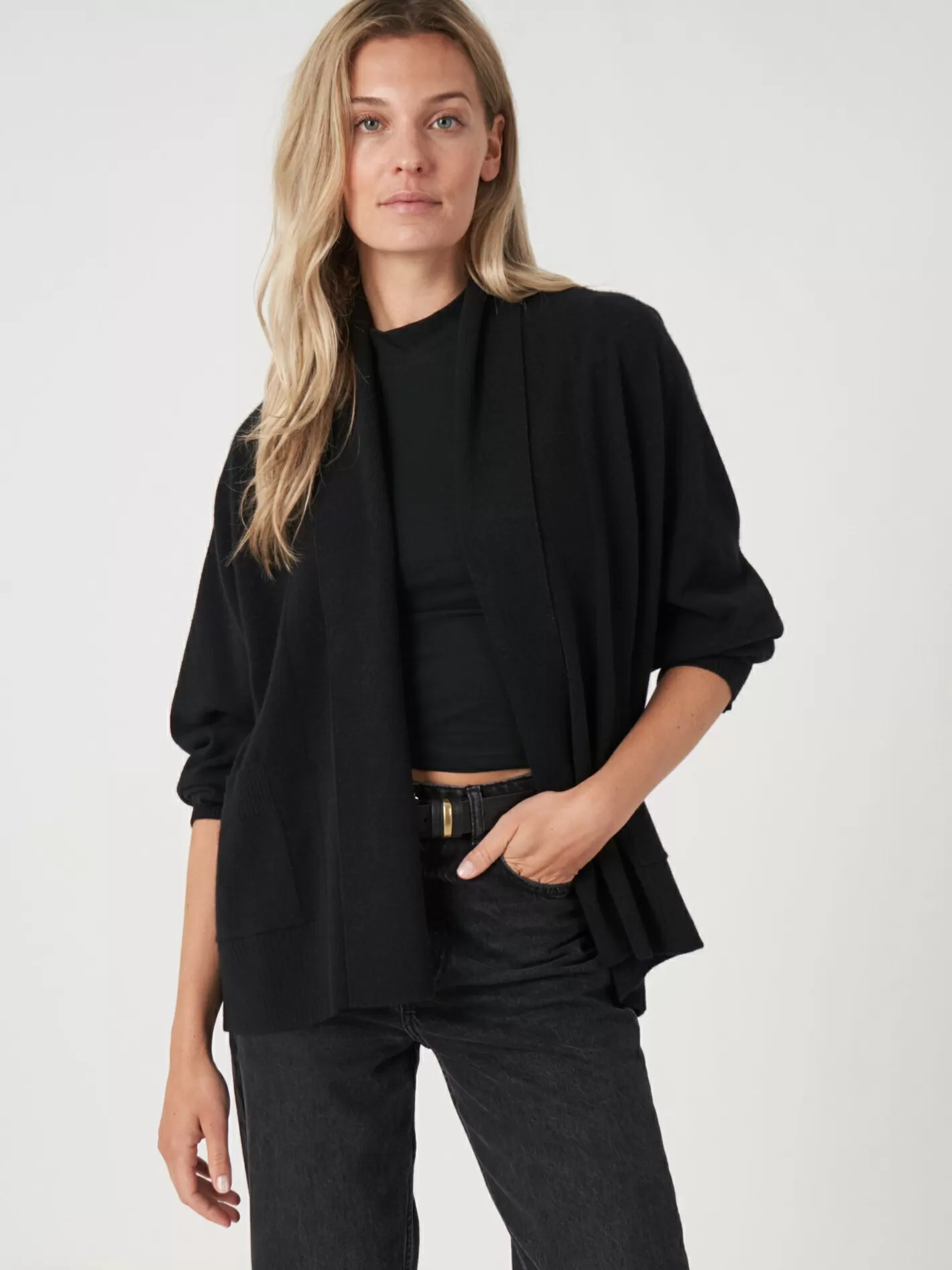 Cardigans<REPEAT cashmere Cashmere Open Shawl Collar Cardigan With Pockets Black