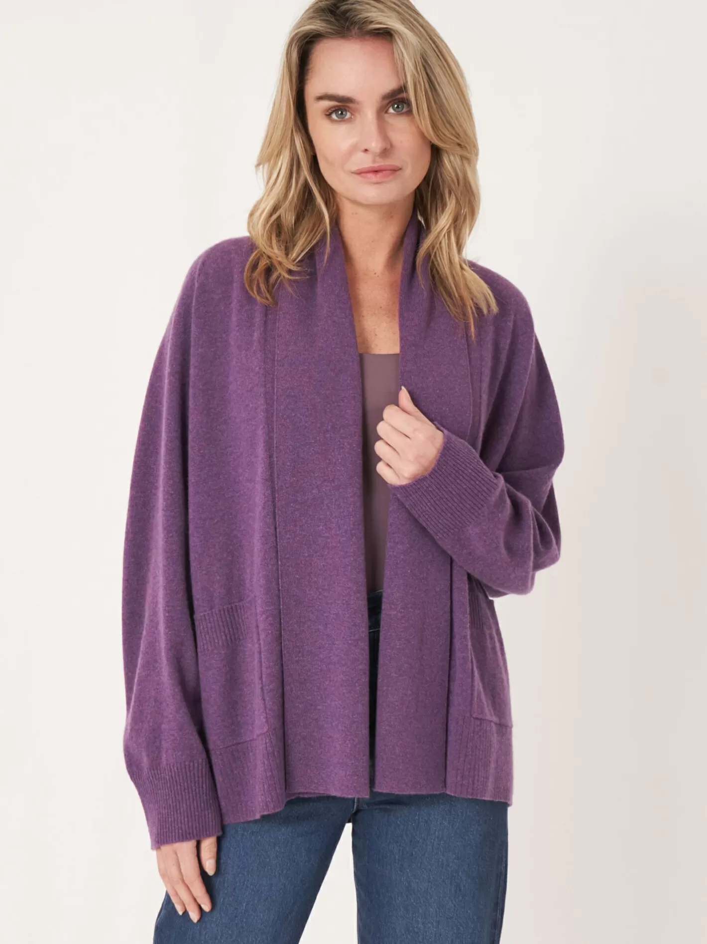 Cardigans<REPEAT cashmere Cashmere Open Shawl Collar Cardigan With Pockets Amethyst