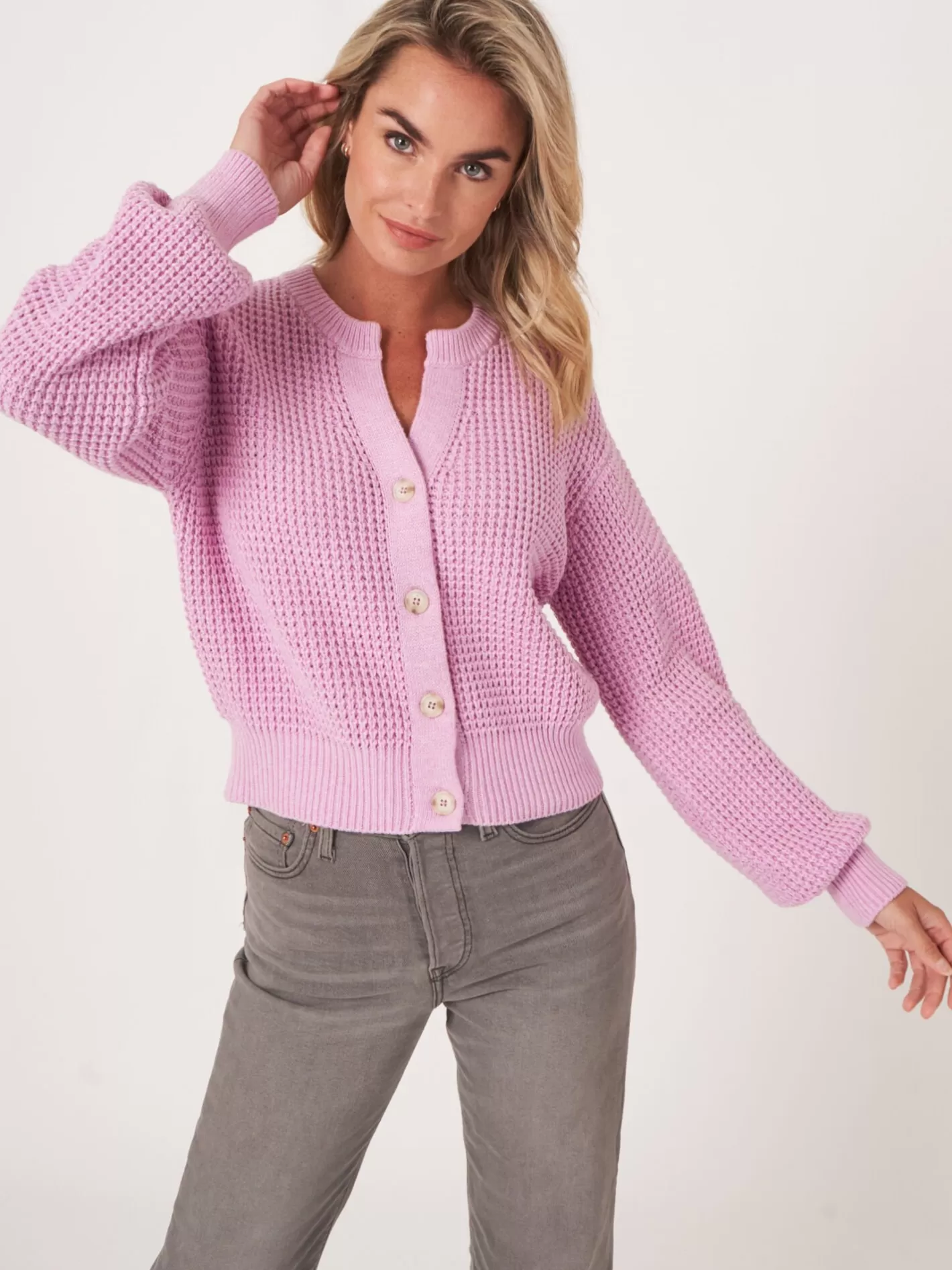 Cardigans<REPEAT cashmere Chunky Rib Knit Cardigan With Puff Sleeves Orchid