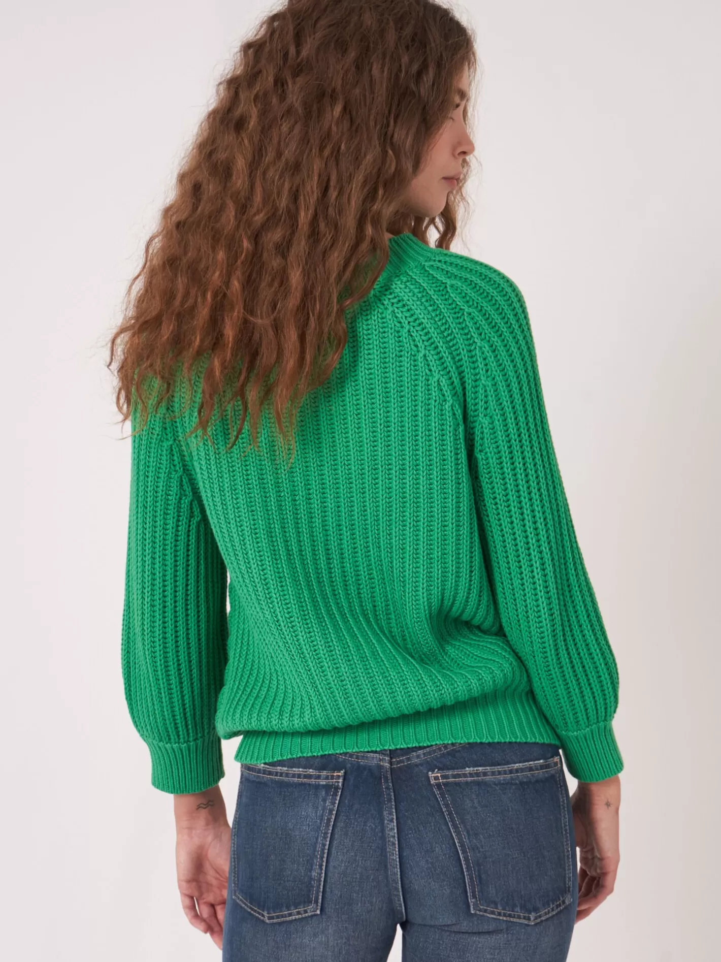 Sweaters<REPEAT cashmere Chunky Rib Knit Short Puff Sleeve Sweater Green