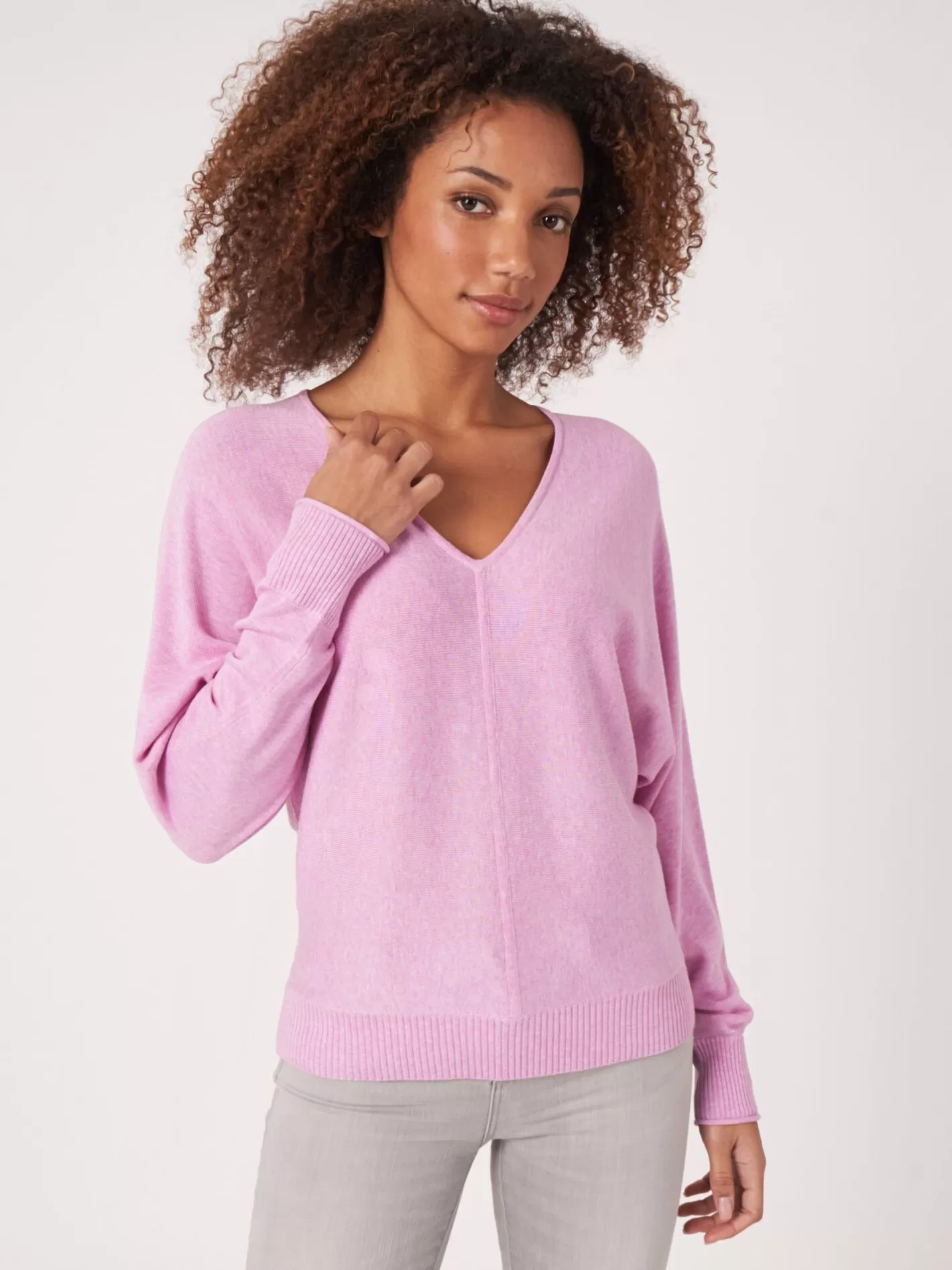 Sweaters<REPEAT cashmere Cotton Blend Batwing Jumper With V-Neck Orchid