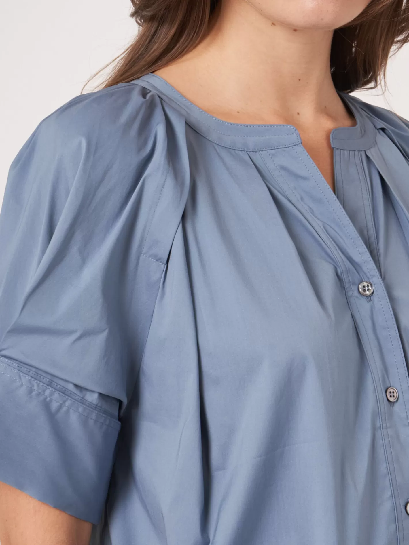 Blouses<REPEAT cashmere Cotton Blend Blouse With Short Turn-Up Raglan Puff Sleeves Vintage Blue
