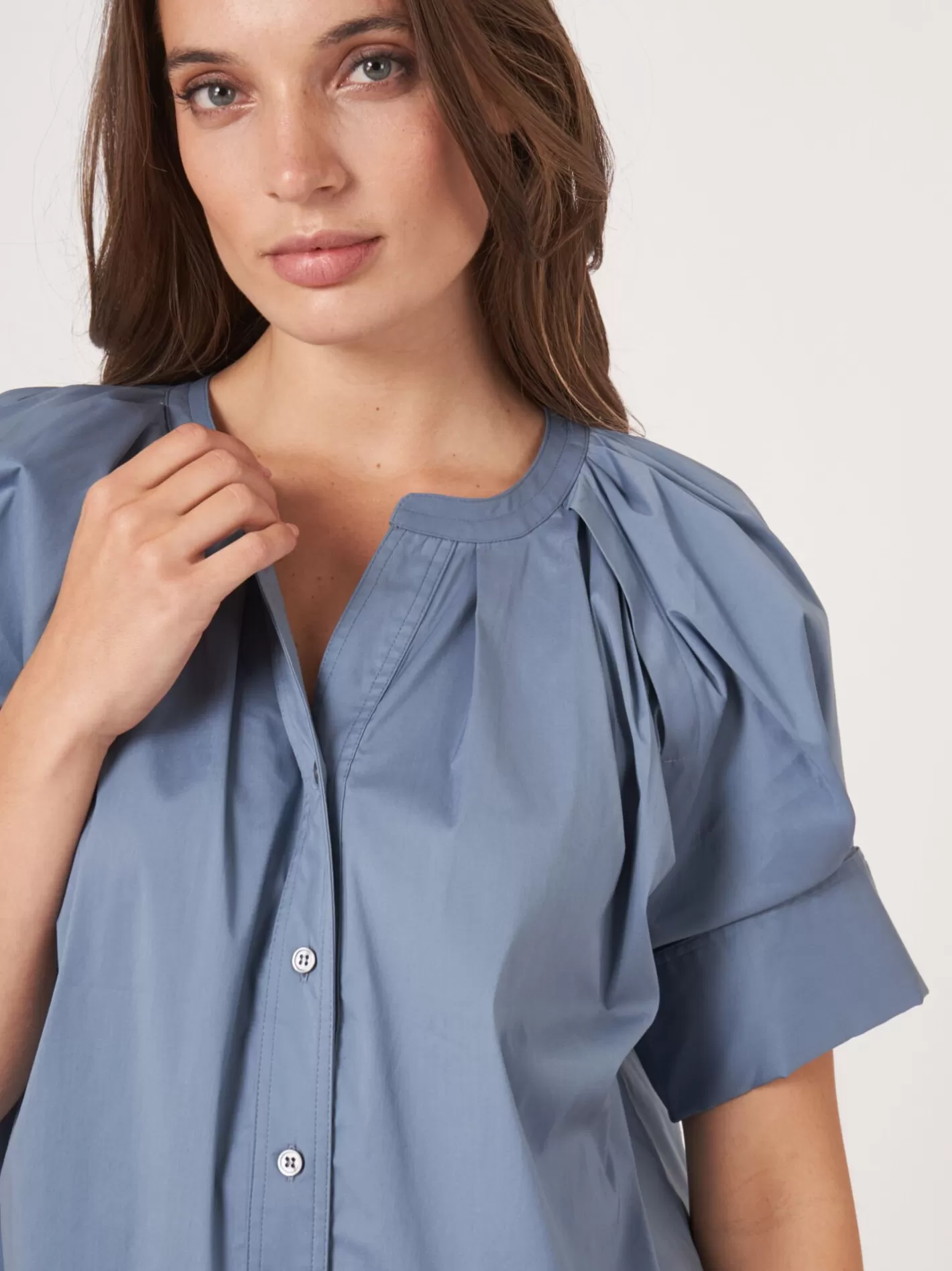 Blouses<REPEAT cashmere Cotton Blend Blouse With Short Turn-Up Raglan Puff Sleeves Vintage Blue