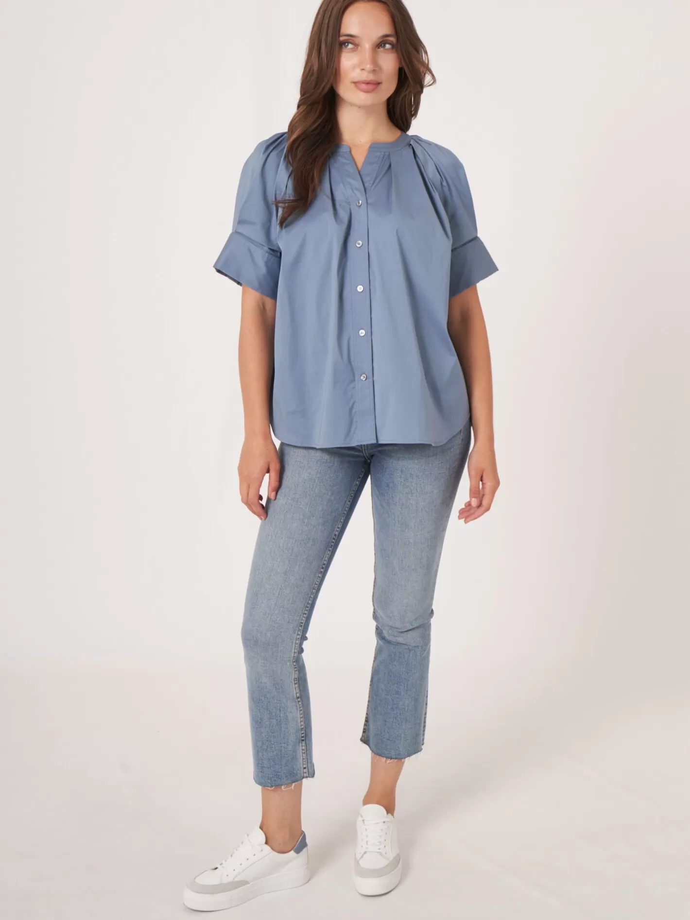 Blouses<REPEAT cashmere Cotton Blend Blouse With Short Turn-Up Raglan Puff Sleeves Vintage Blue