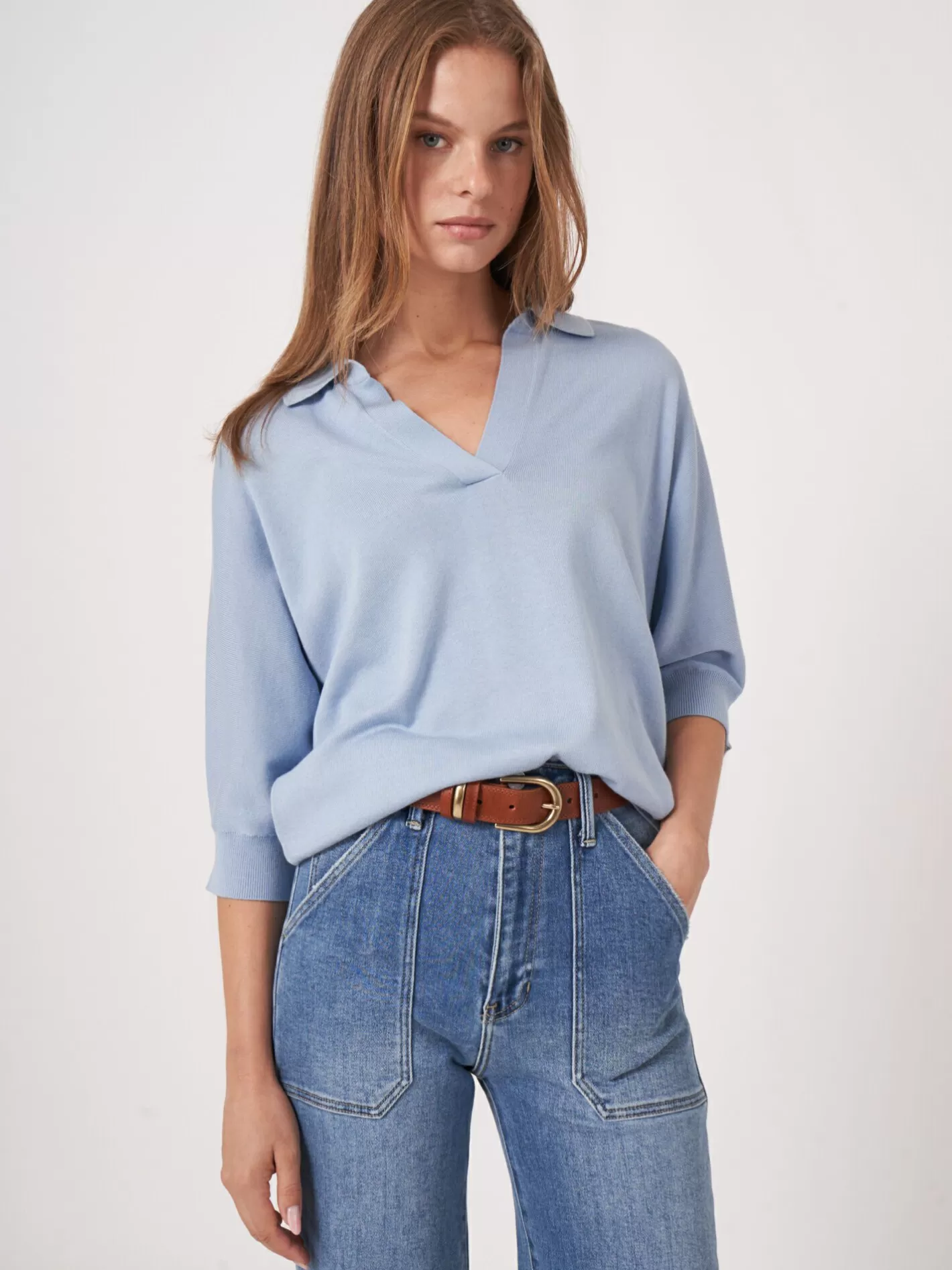 Sweaters<REPEAT cashmere Cotton Blend Polo Neck Sweater Lt Blue