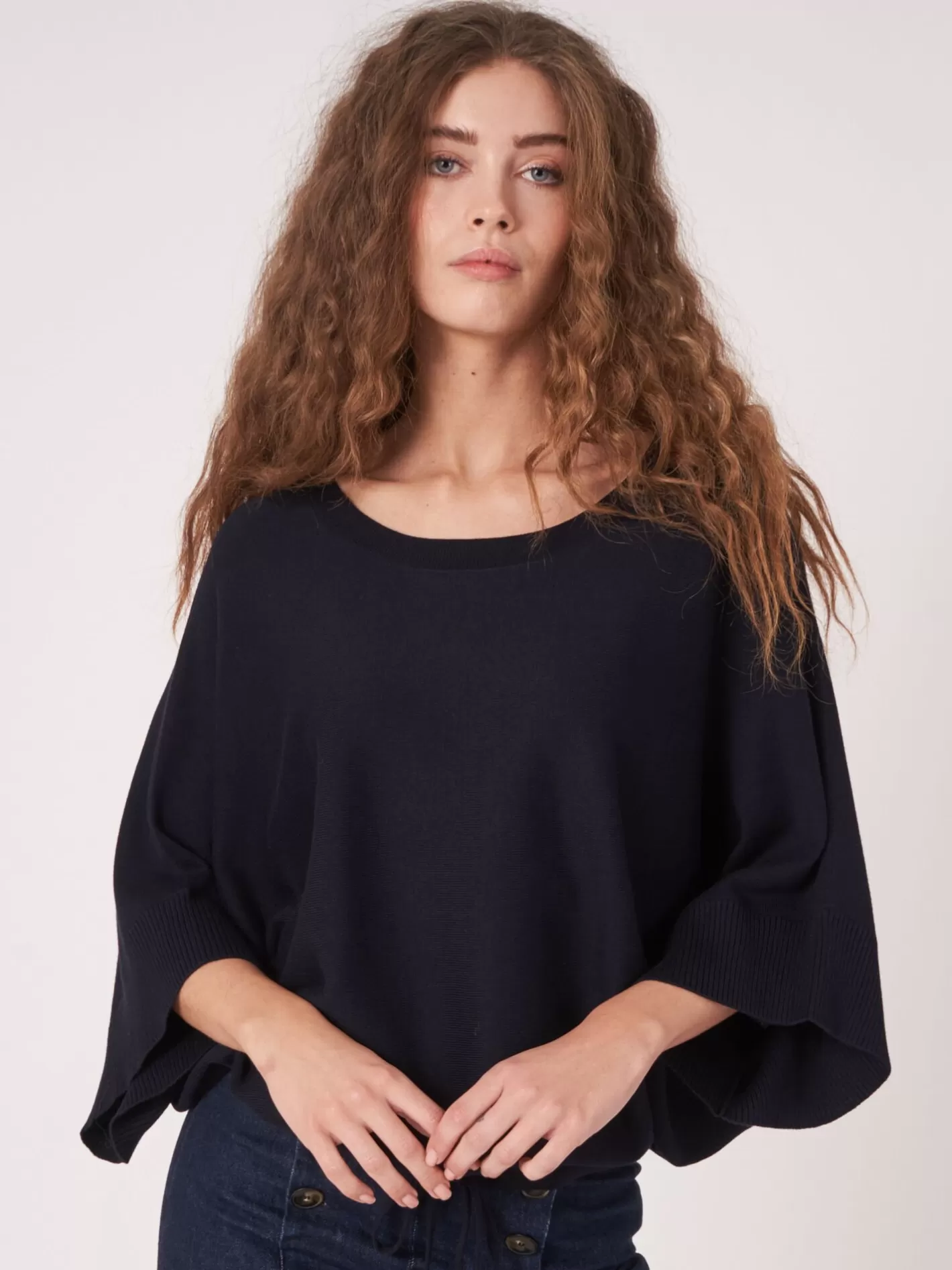 Ponchos<REPEAT cashmere Cotton Blend Poncho Sweater With Drawstring Navy