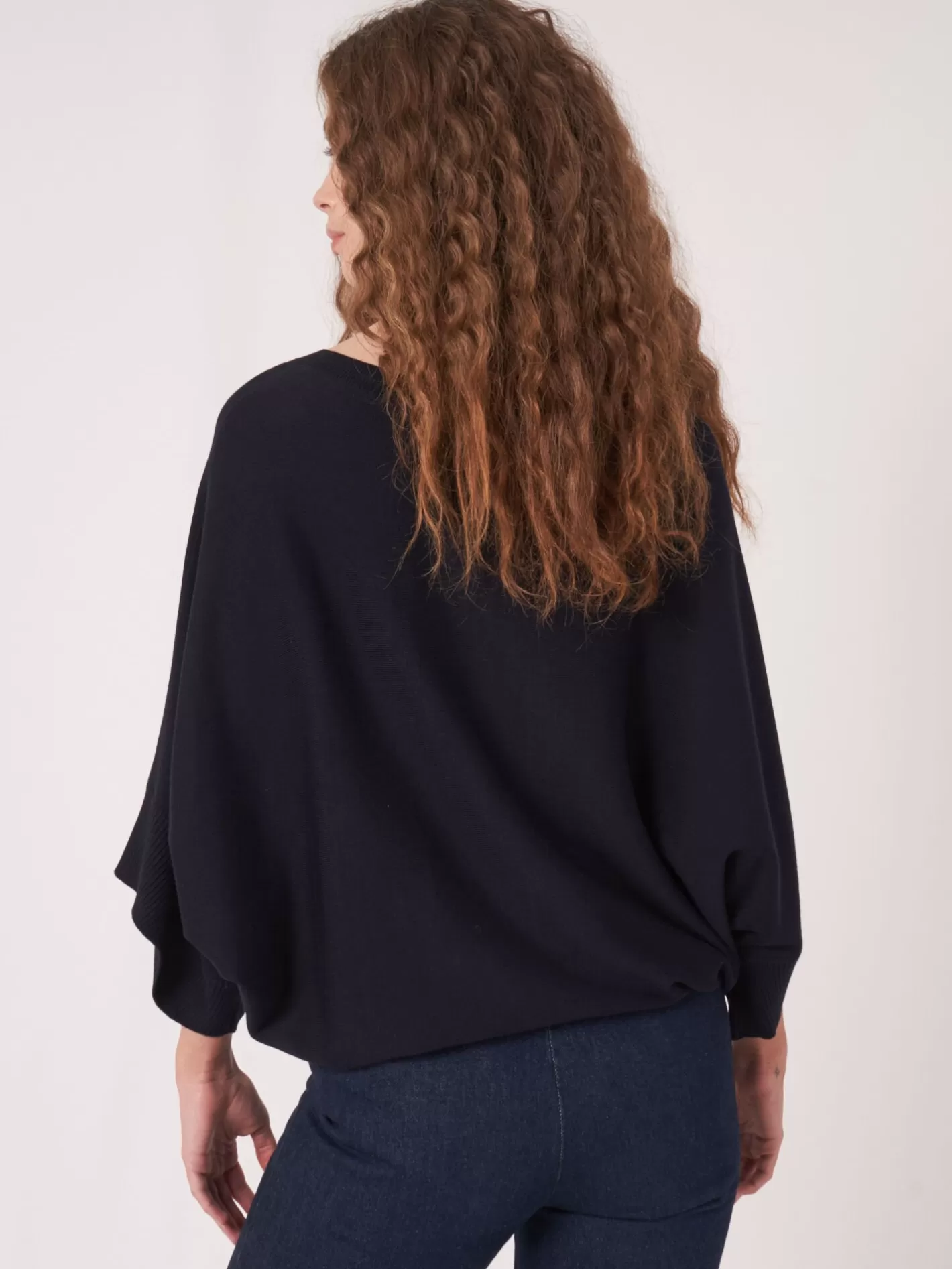 Ponchos<REPEAT cashmere Cotton Blend Poncho Sweater With Drawstring Navy