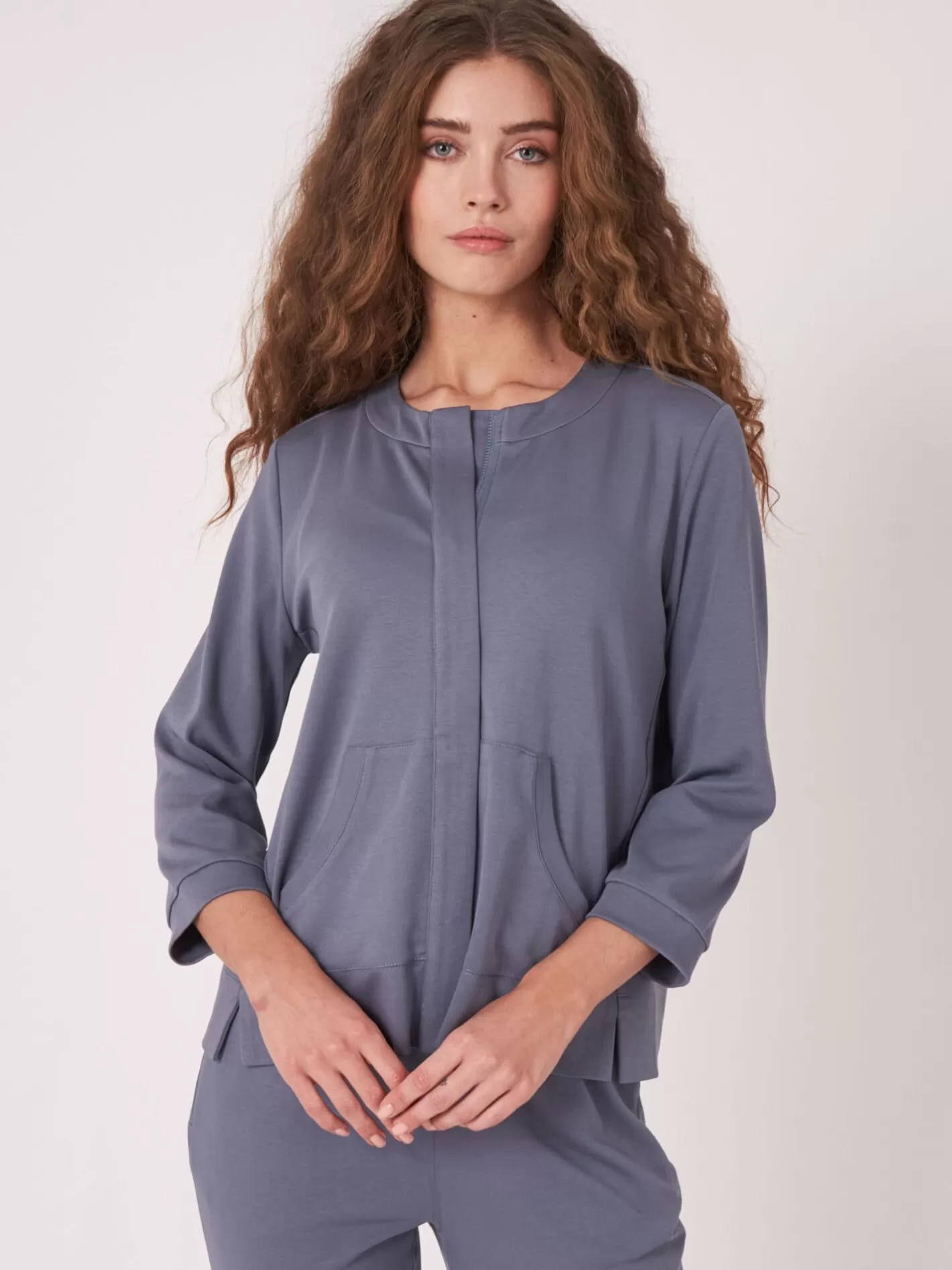 Tops<REPEAT cashmere Cotton Blend Sweatshirt Jacket With Covered Button Placket Denim