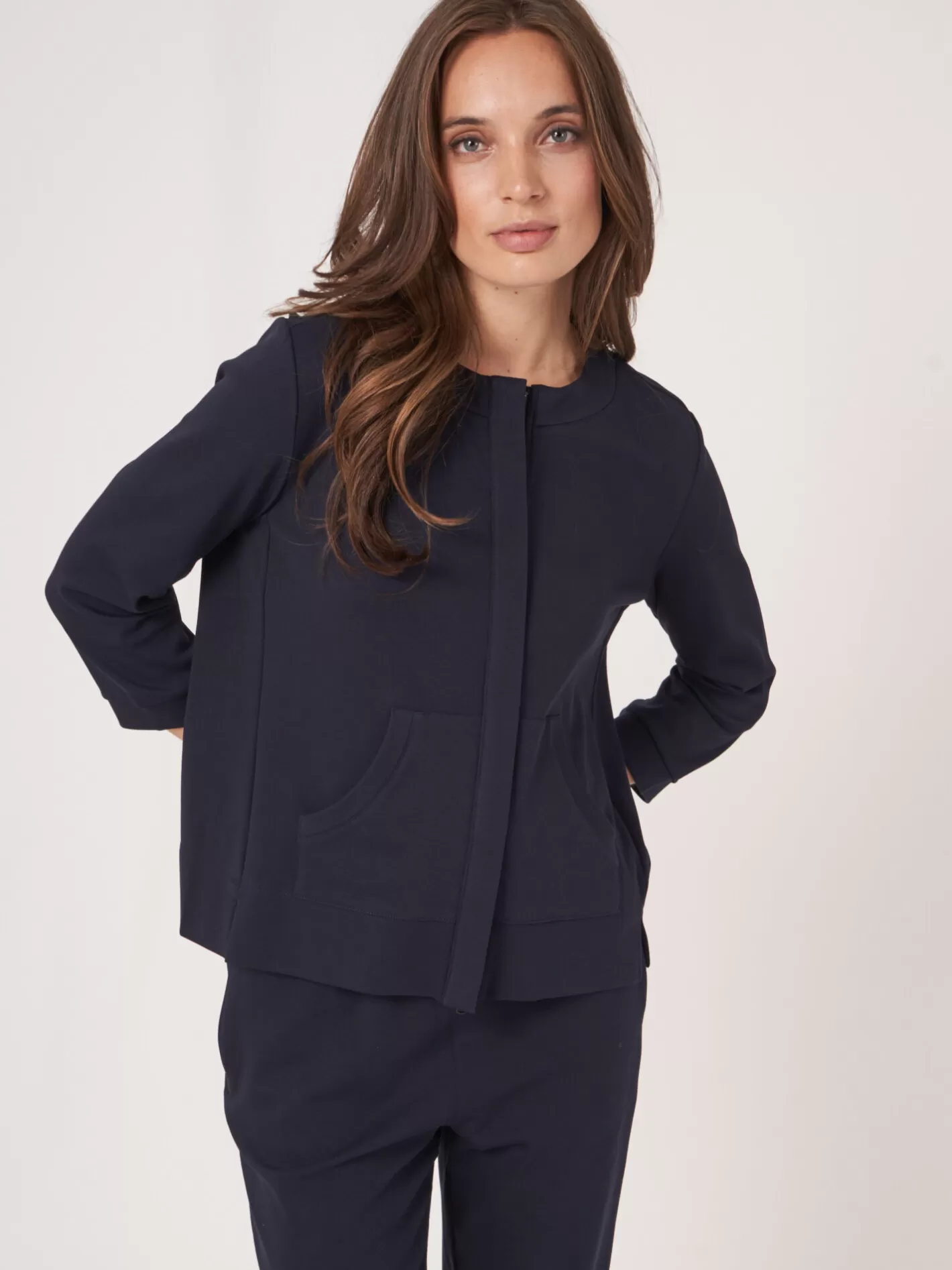 Tops<REPEAT cashmere Cotton Blend Sweatshirt Jacket With Covered Button Placket Navy