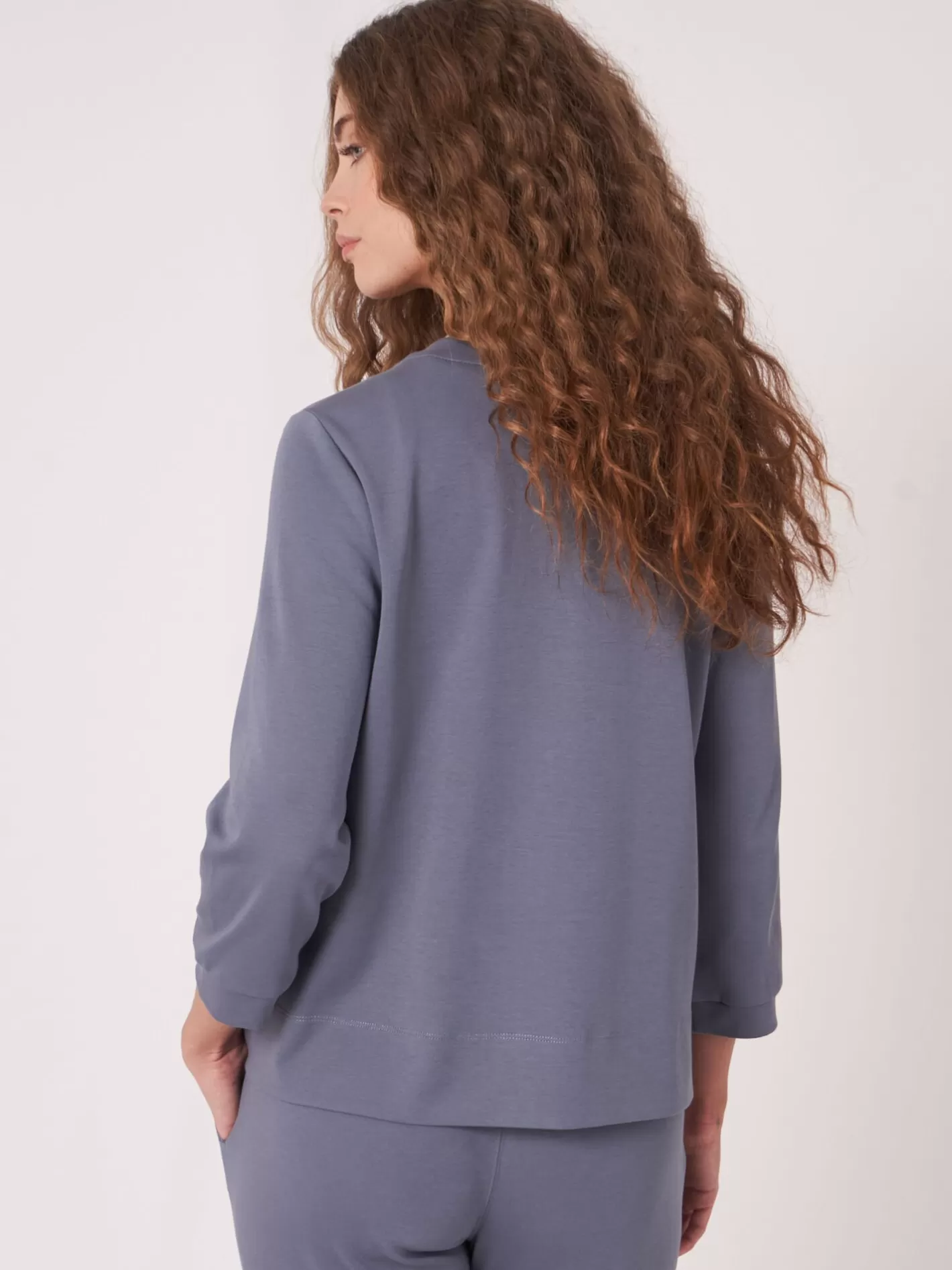 Tops<REPEAT cashmere Cotton Blend Sweatshirt Jacket With Covered Button Placket Denim